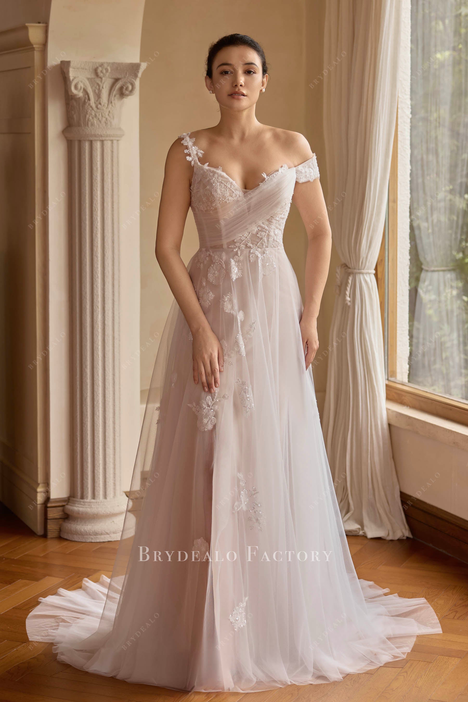 lace tulle off shoulder wedding dress