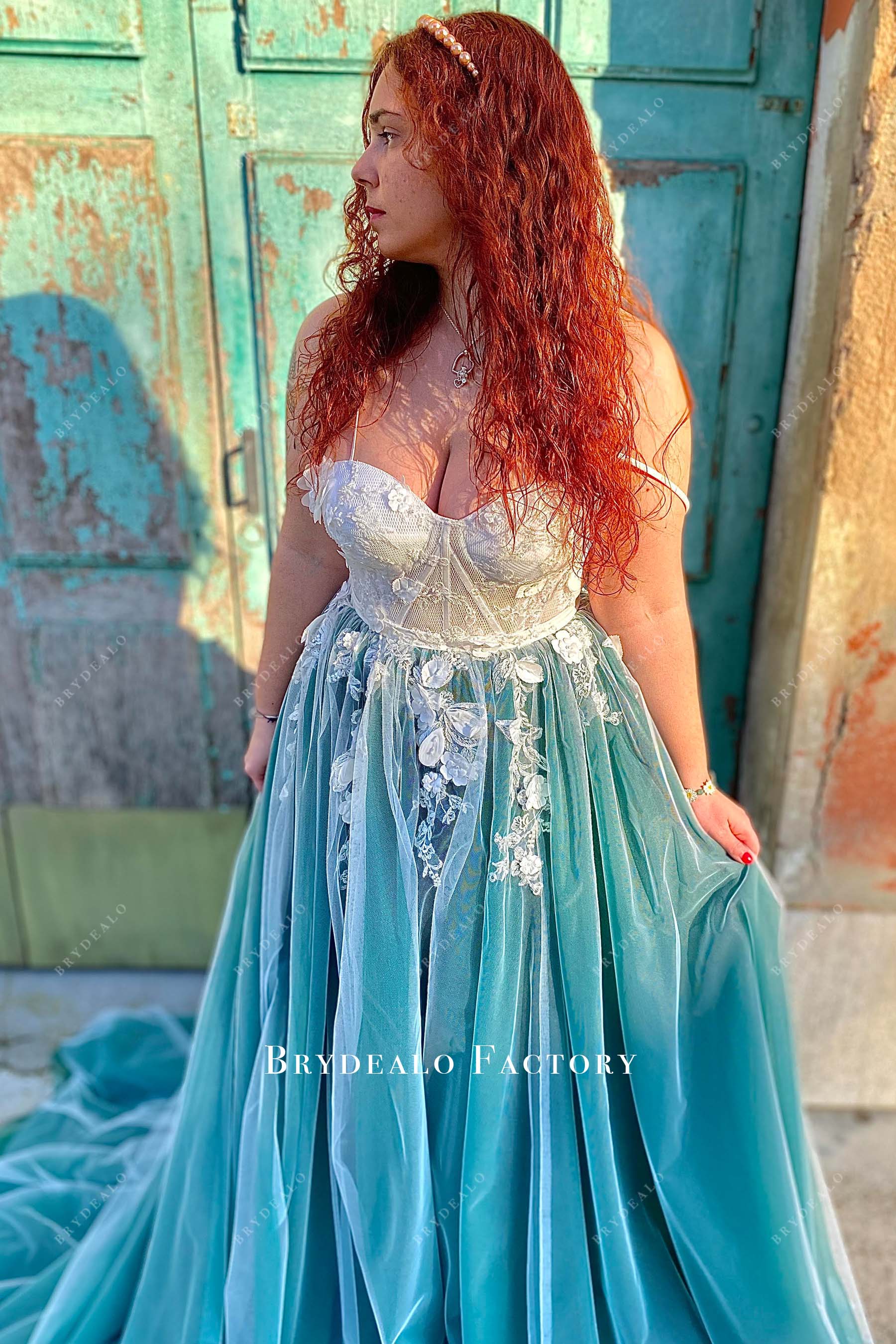 Strapless Lace Coset A-line Tulle Green Dress