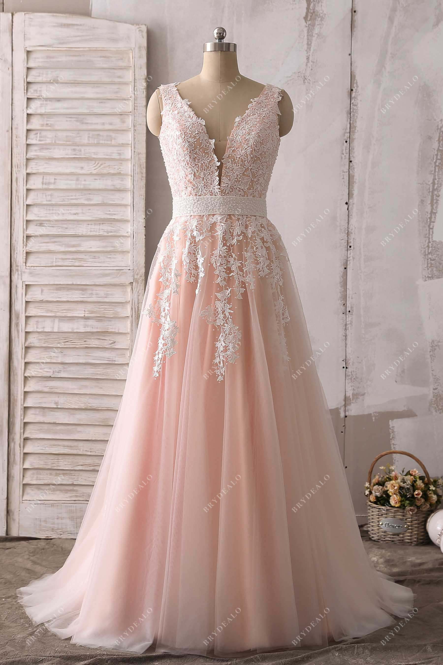 blushing pink plunging neck lace tulle A-line prom dress