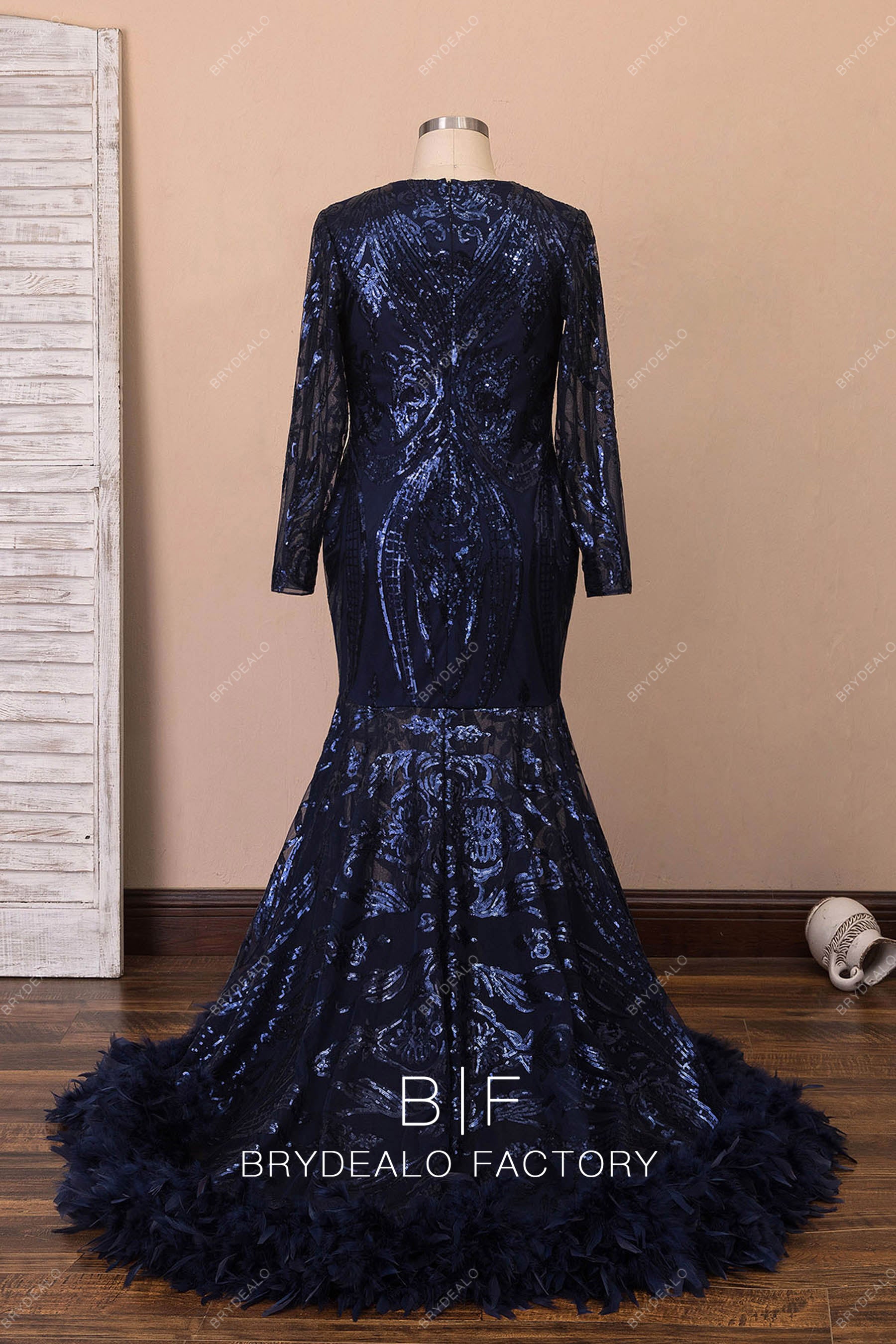 sheer long sleeve feather prom dress