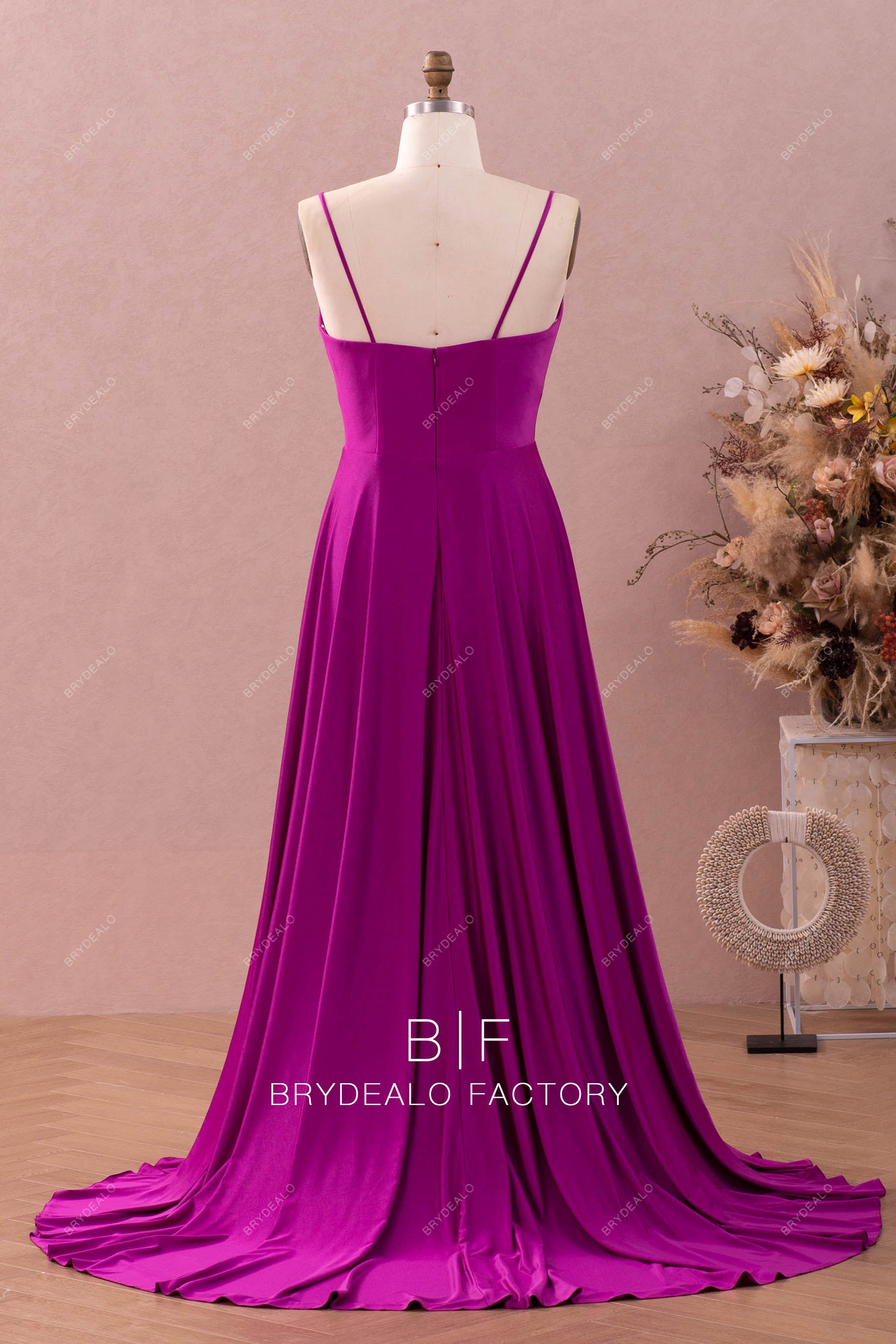 thin straps open back pleated formal dress