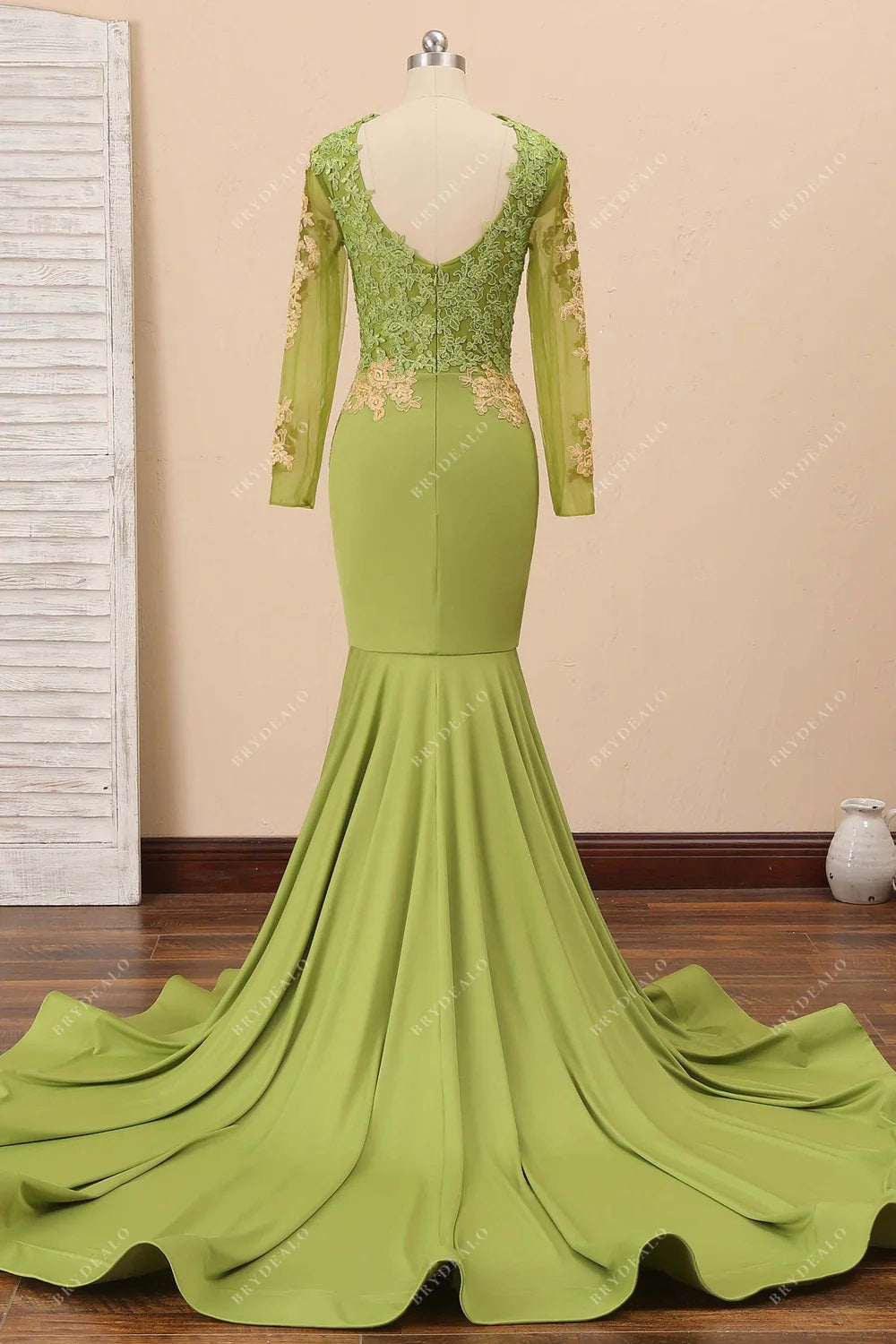sheer long sleeve V-back prom dress