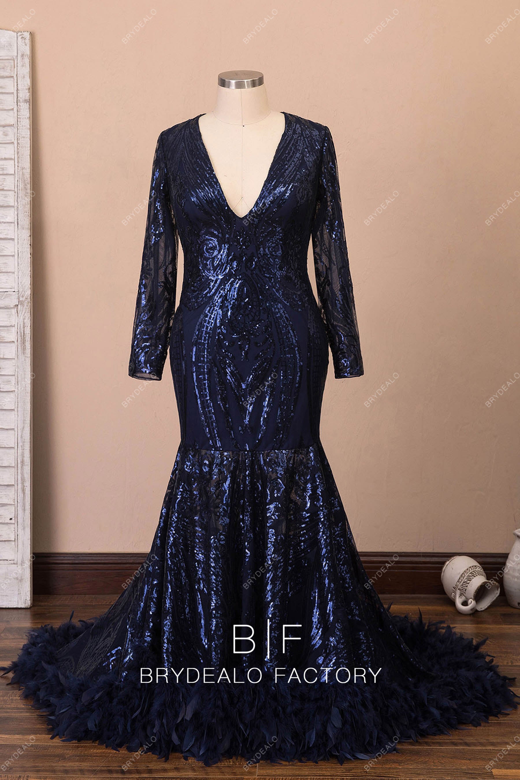 navy sequin v-neck mermaid prom dress