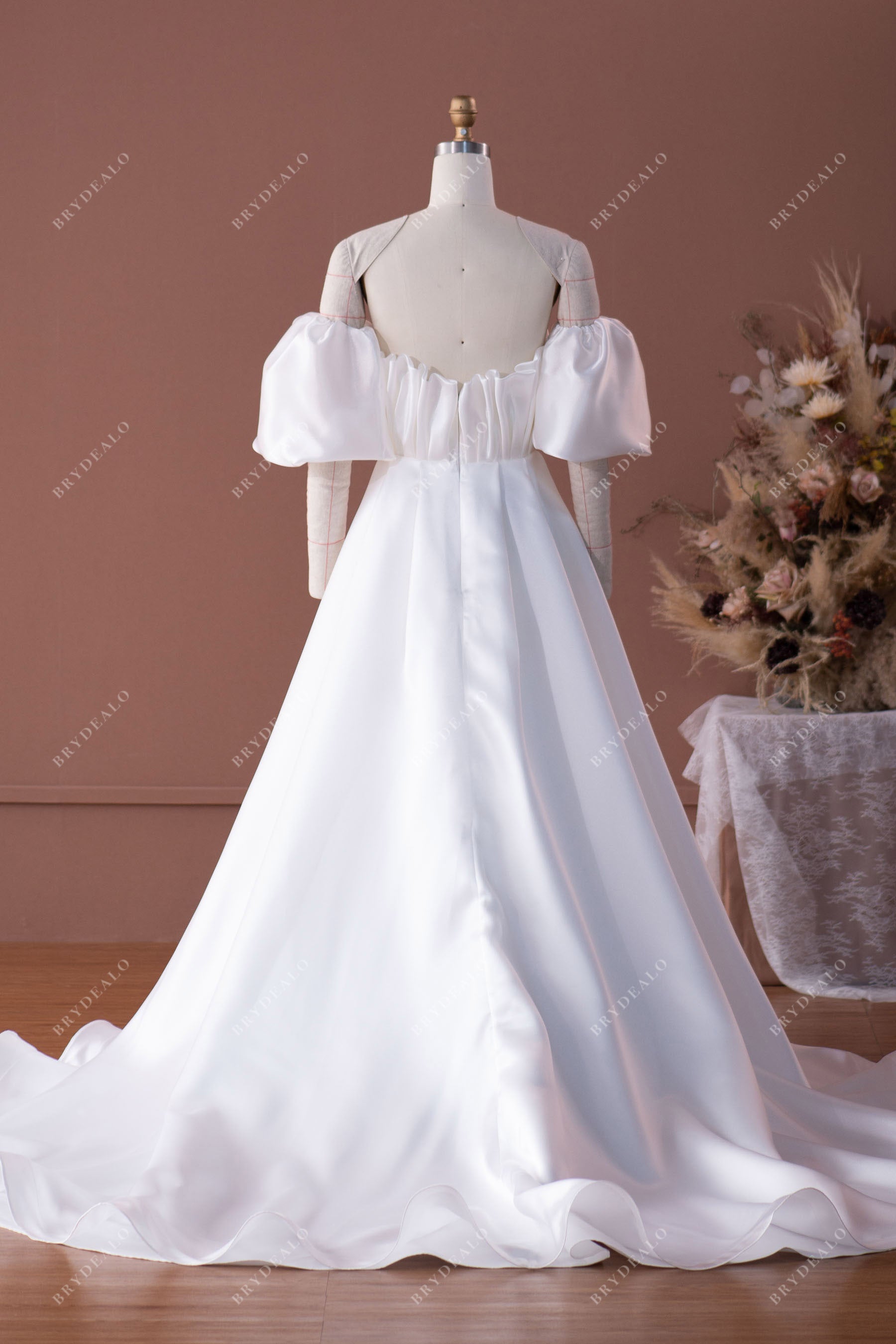 ruffled back long train A-line wedding dress