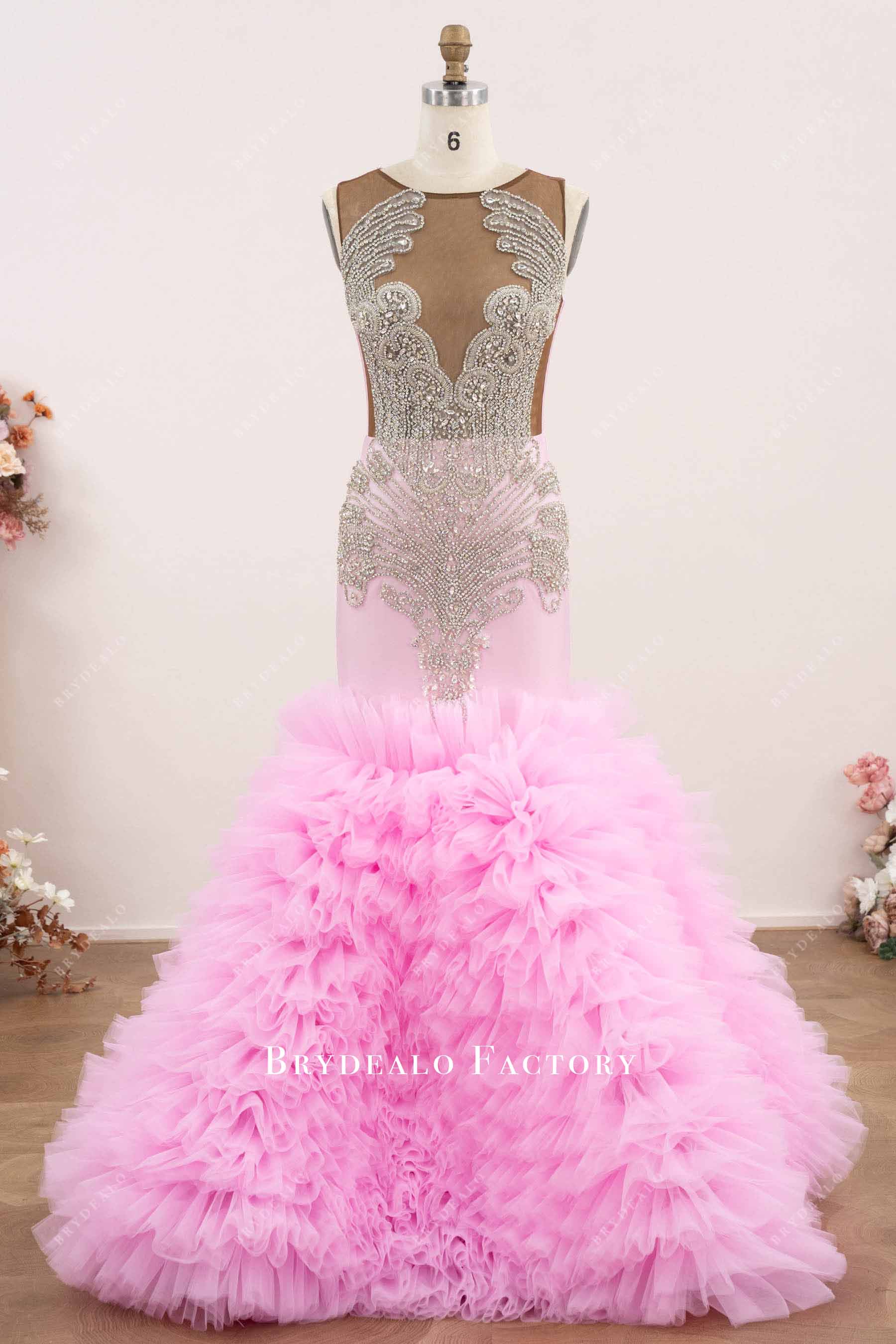 luxury candy pink tulle trumpet prom gown