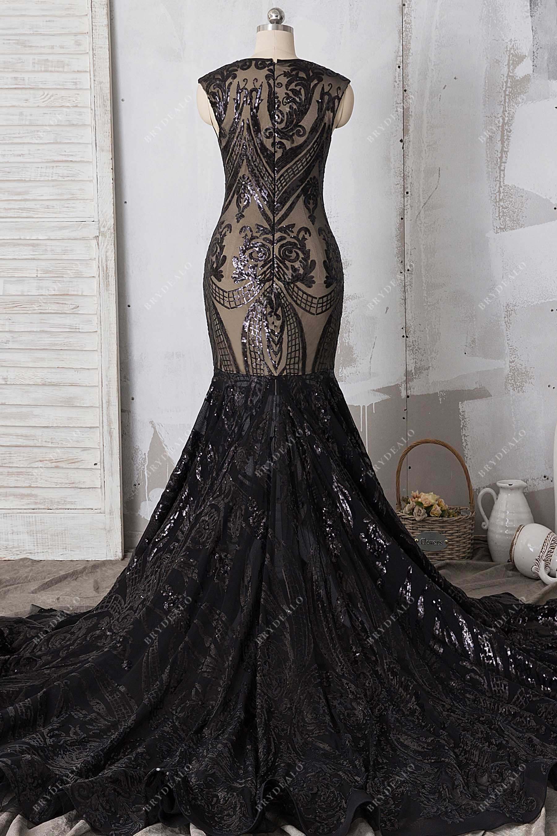 geometric pattern sequins long train prom dress