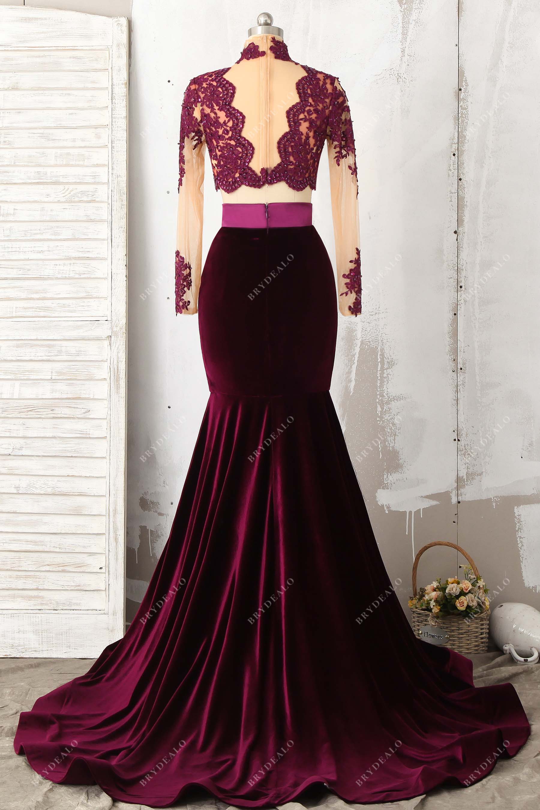 illusion back high neck trumpet formal dress
