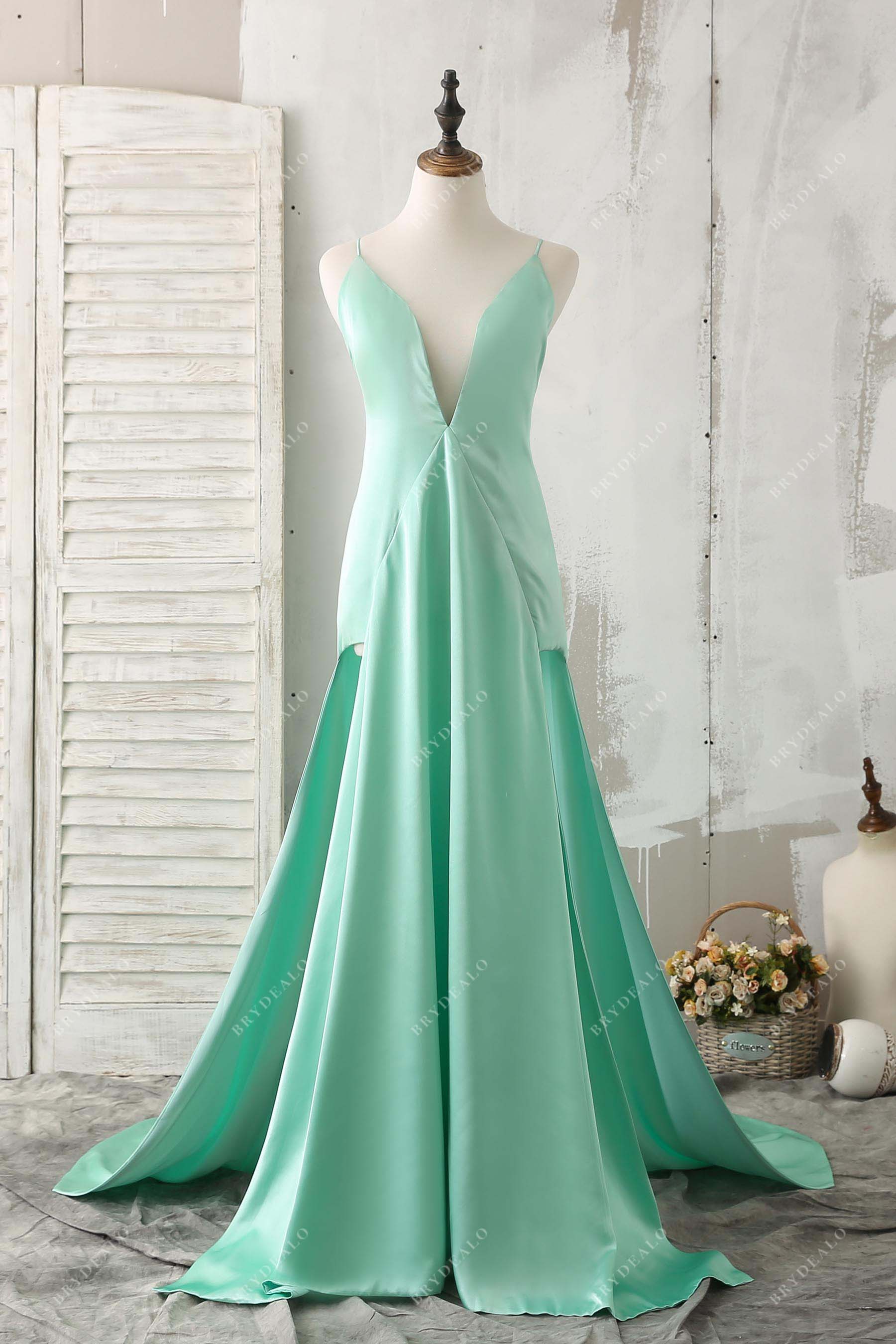 mint plunging neck sleeveless prom dress