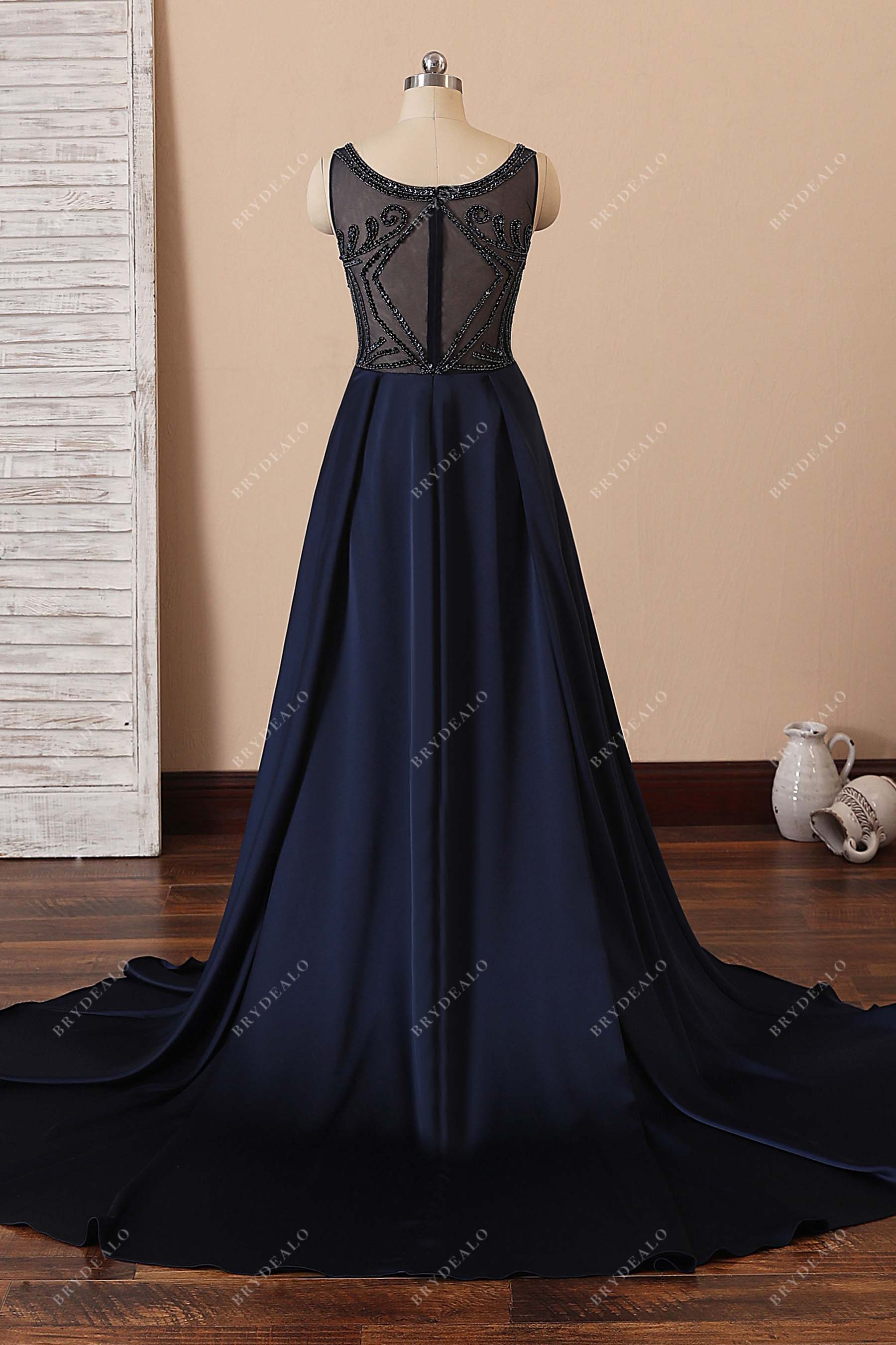 illusion back beaded satin formal dress
