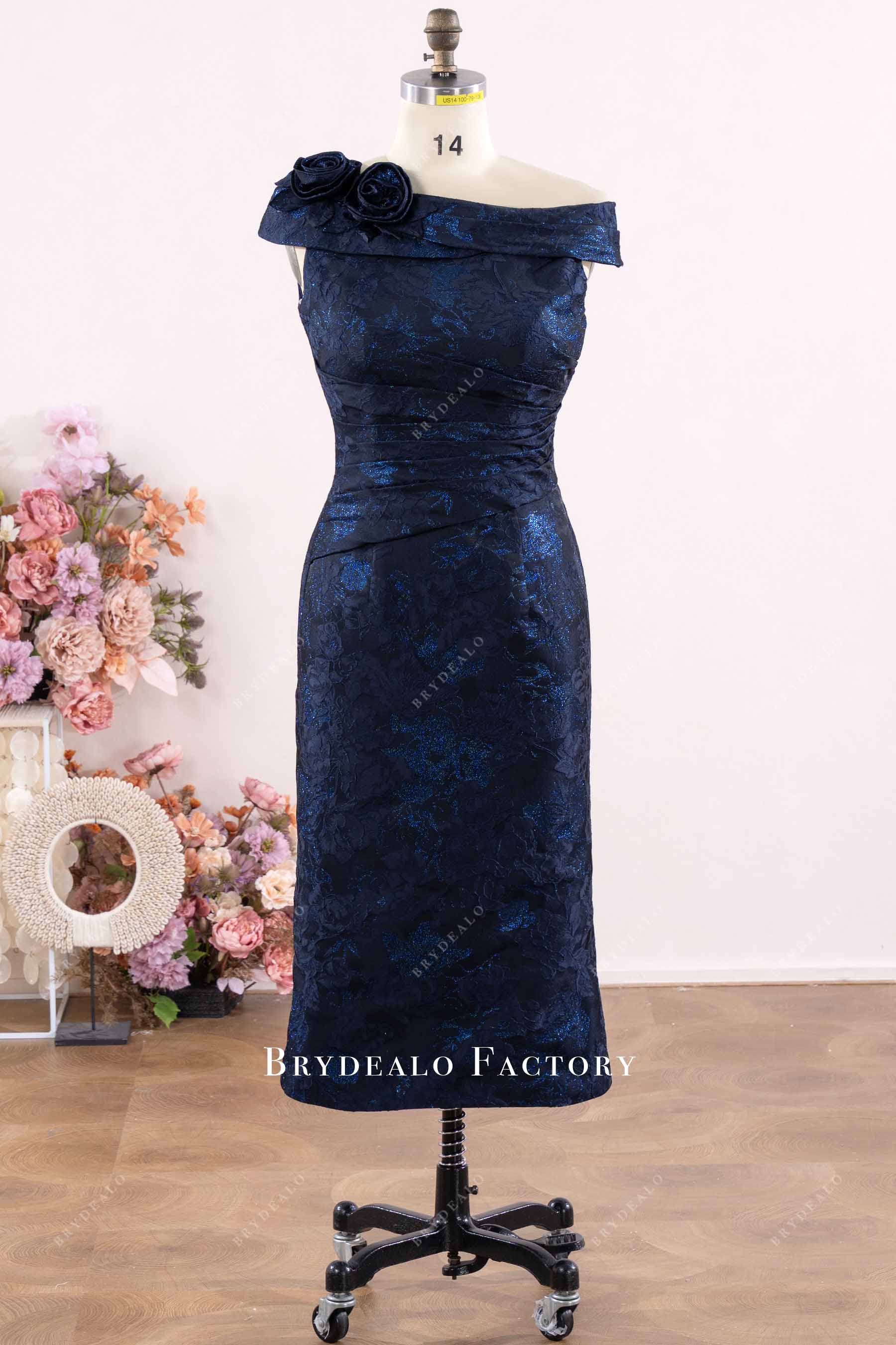 navy off-shoulder pencil mother of bride dress