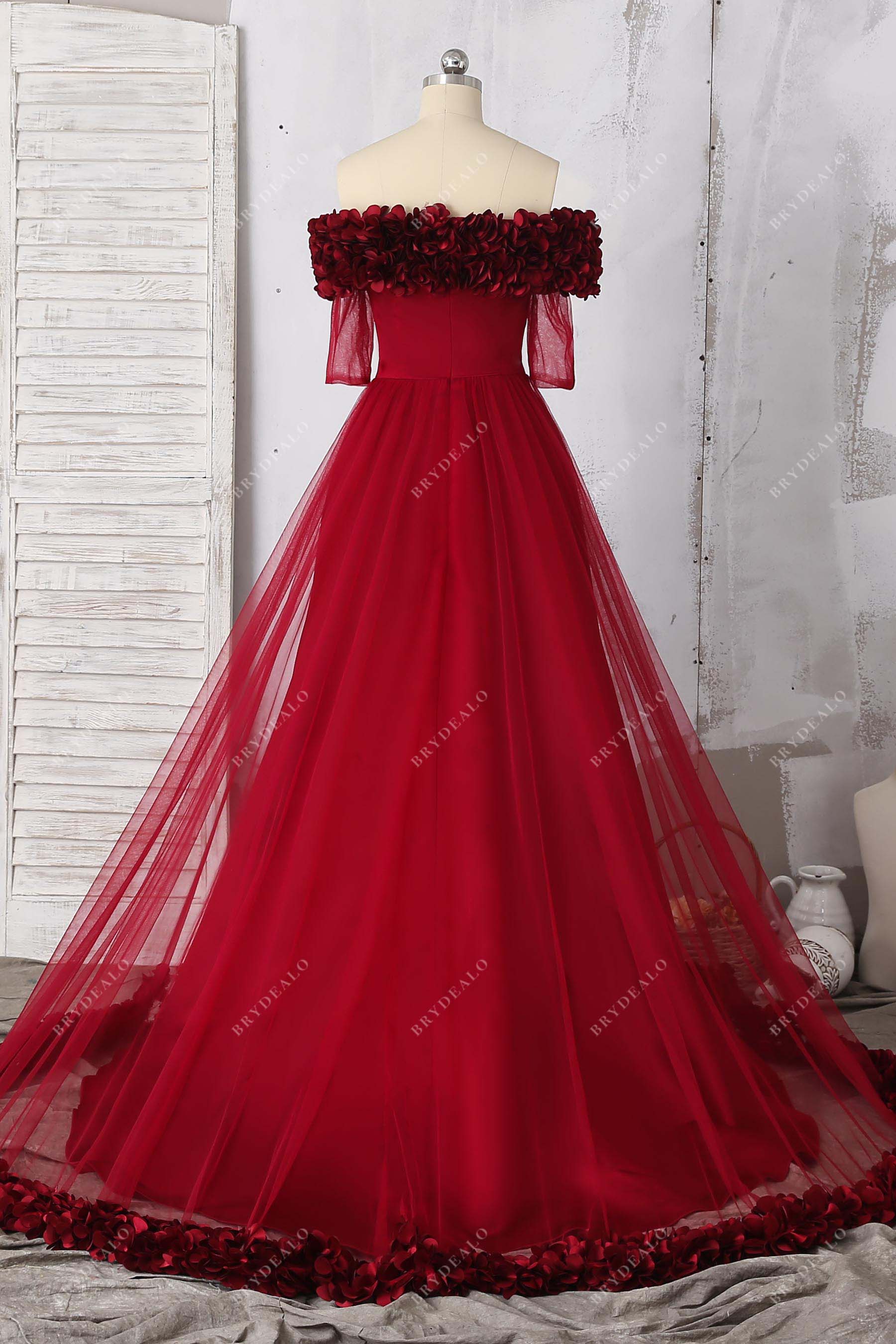 off shoulder 3D petals A-line tulle formal dress