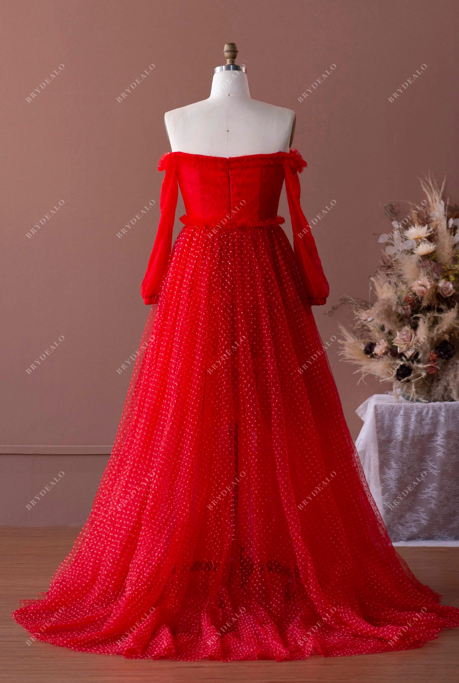 open back dot tulle A-line formal dress