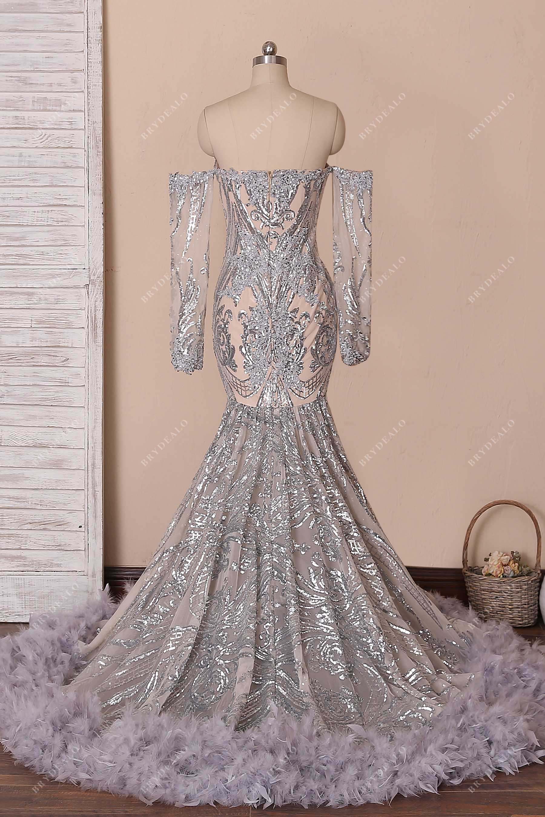 off shoulder sheer long sleeve prom dress