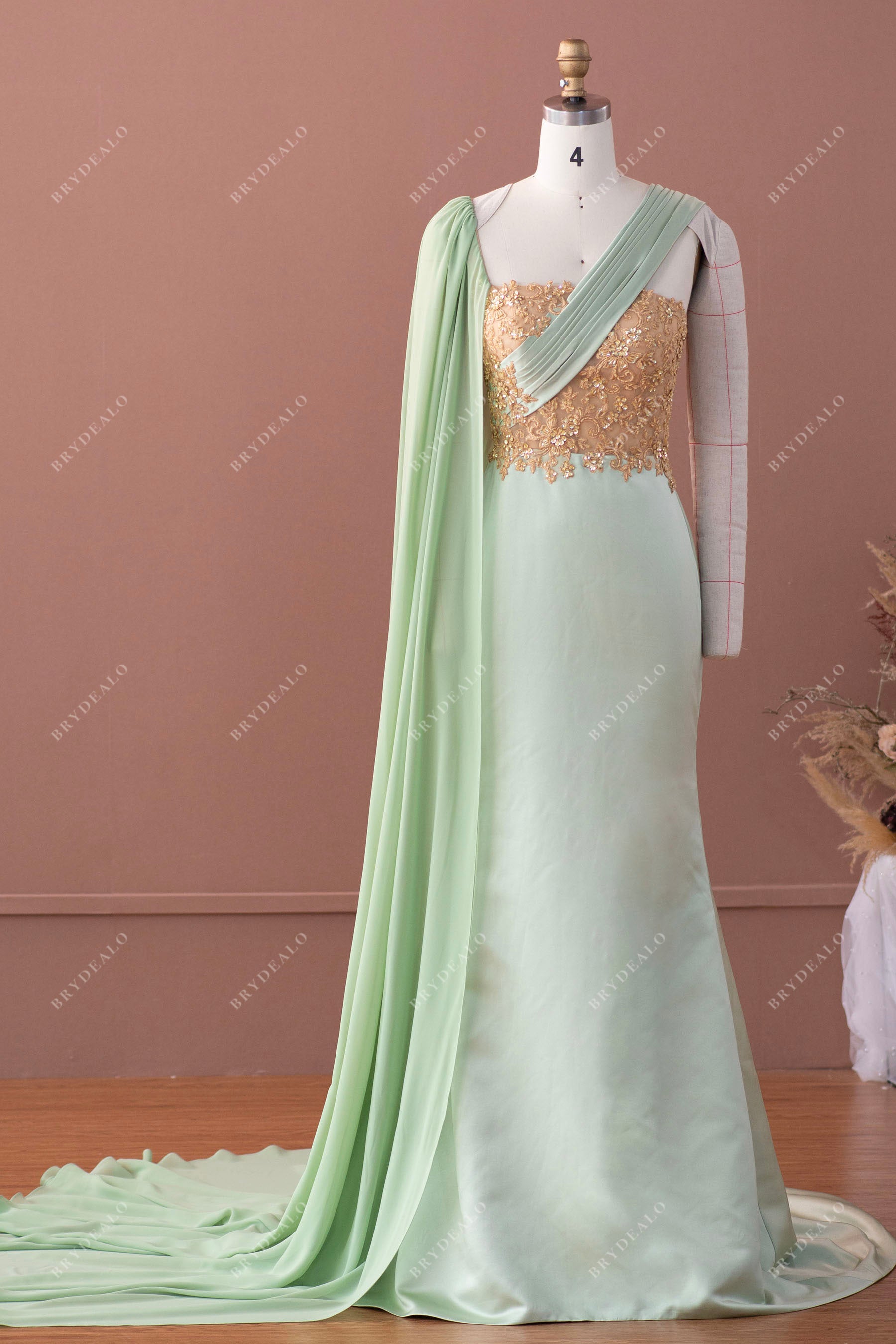 one shoulder gold lace sage satin prom dress