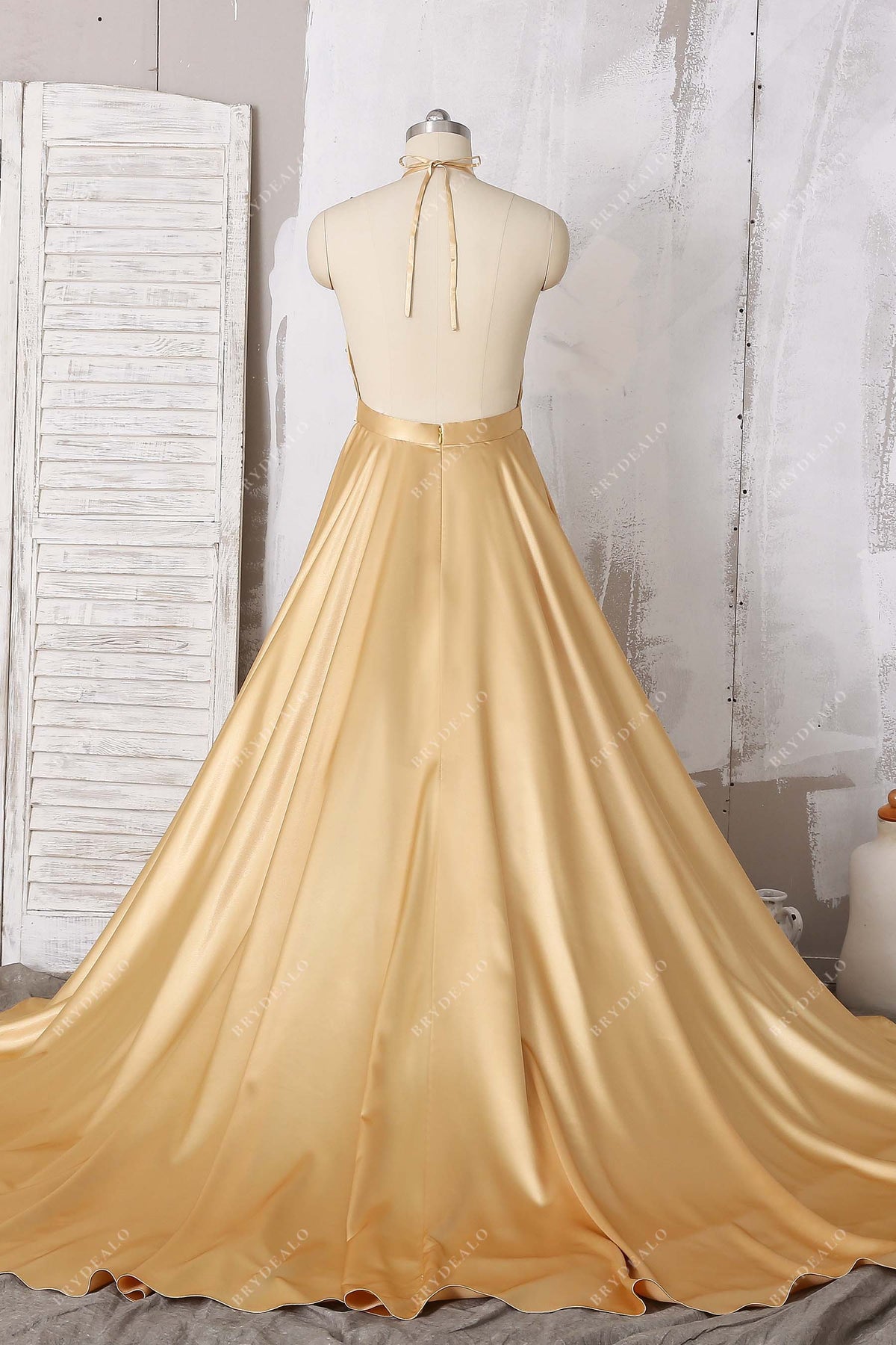 Gold Satin Pleated Halter Open Back Bridesmaid Dress – Brydealo