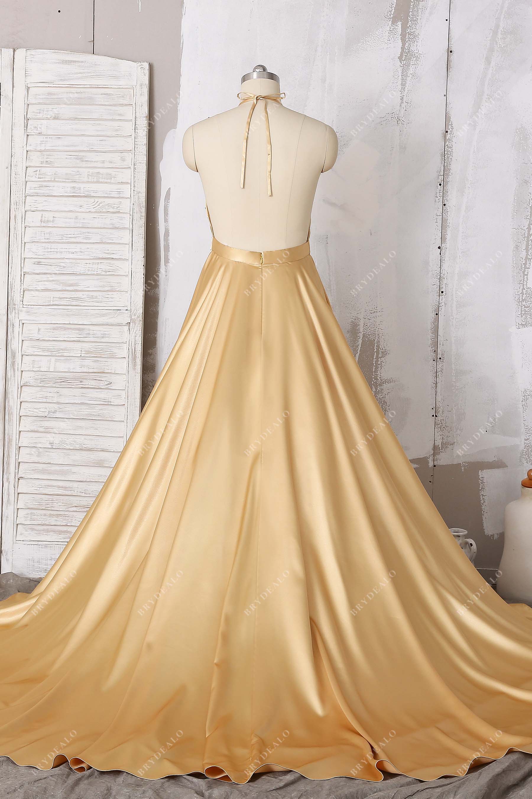 open back halter A-line prom dress
