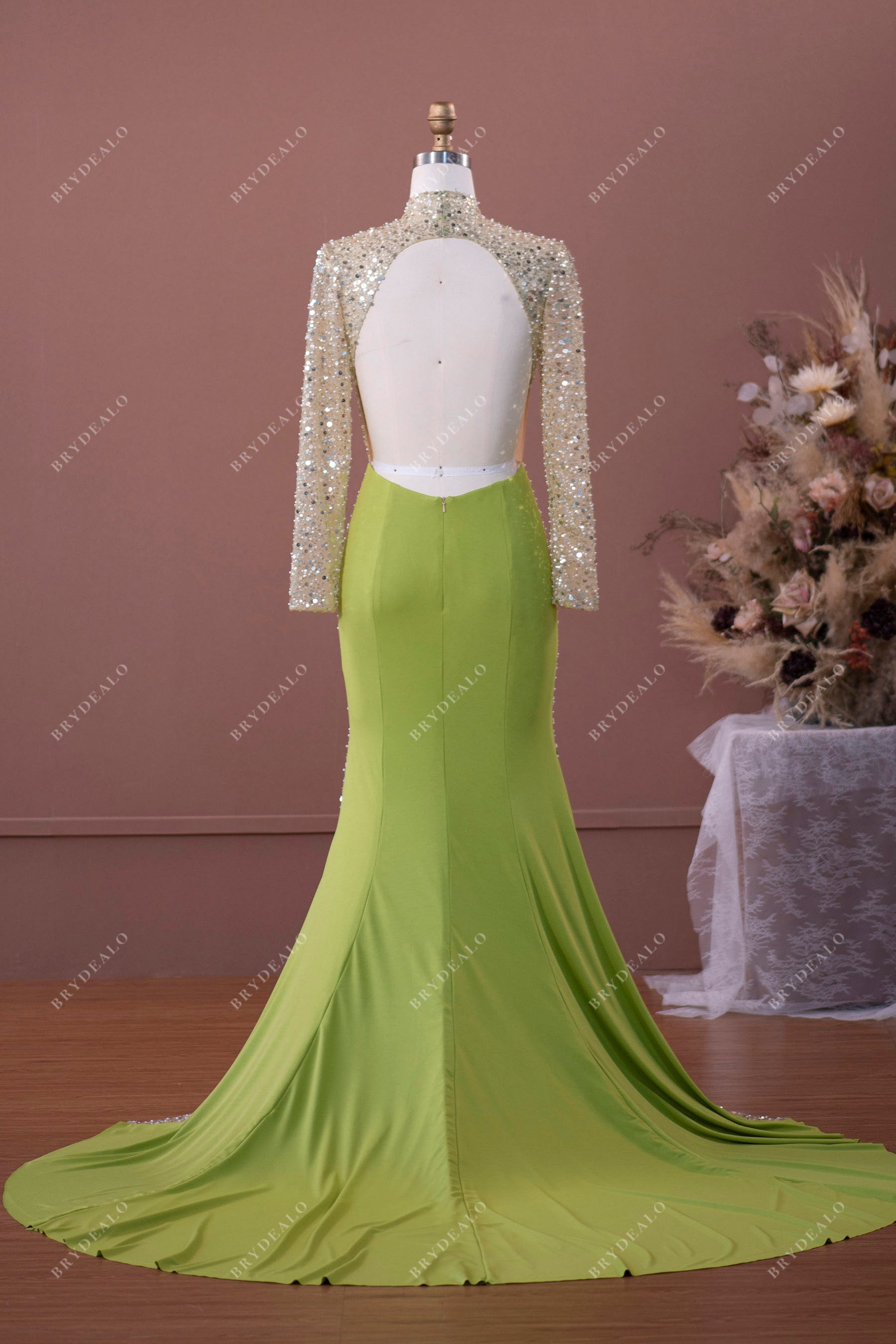 open back beaded jersey mermaid formal gown