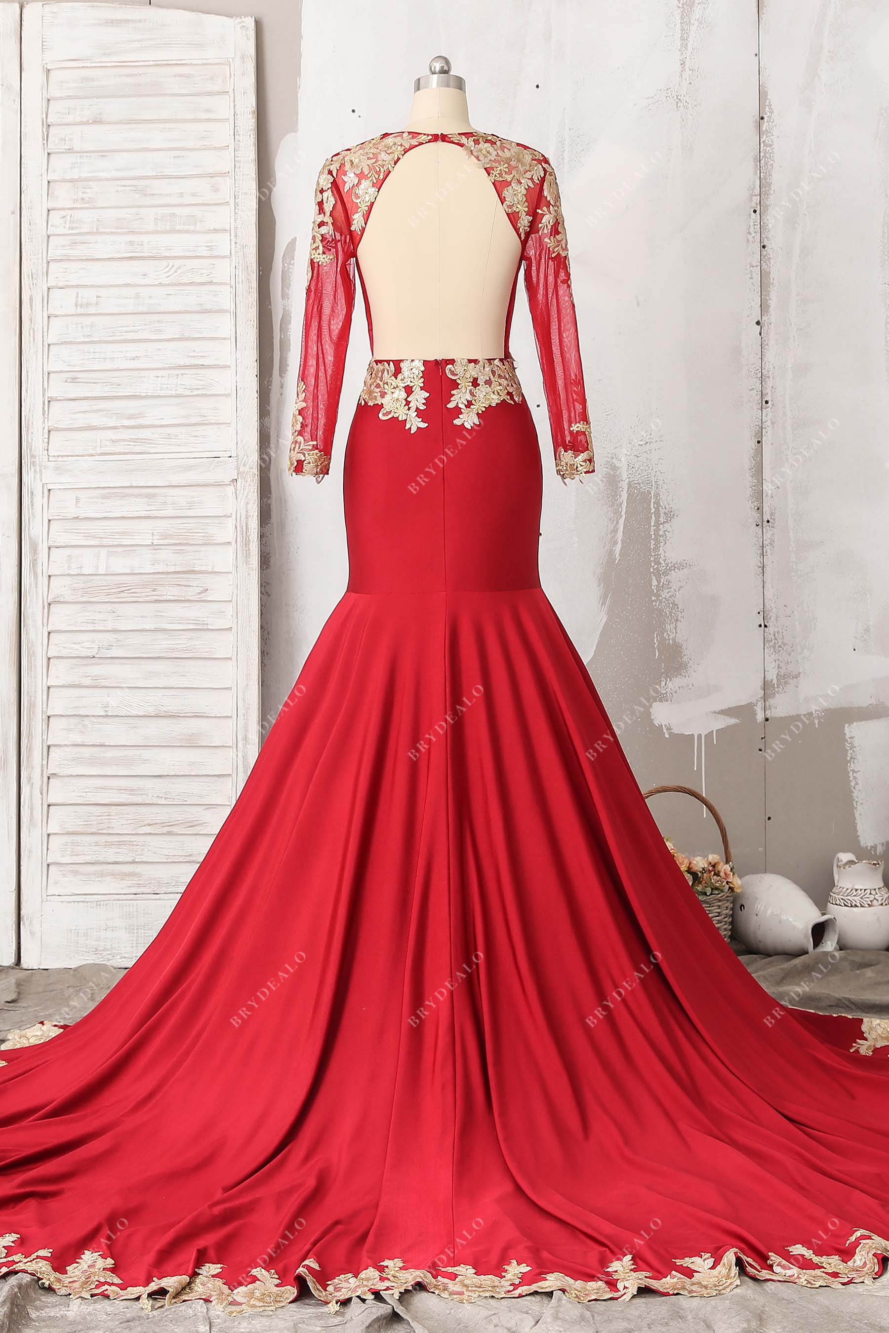 open back long train formal dress