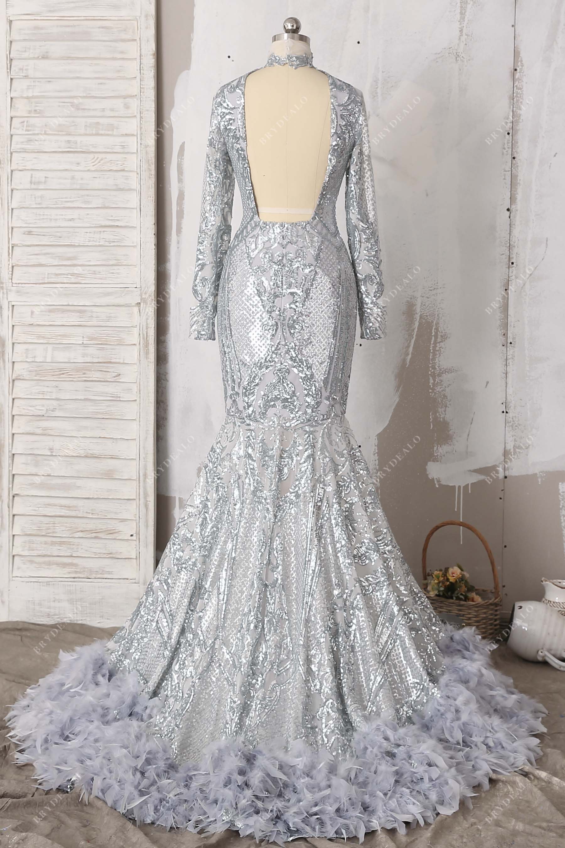 open back halter long sleeve trumpet formal dress
