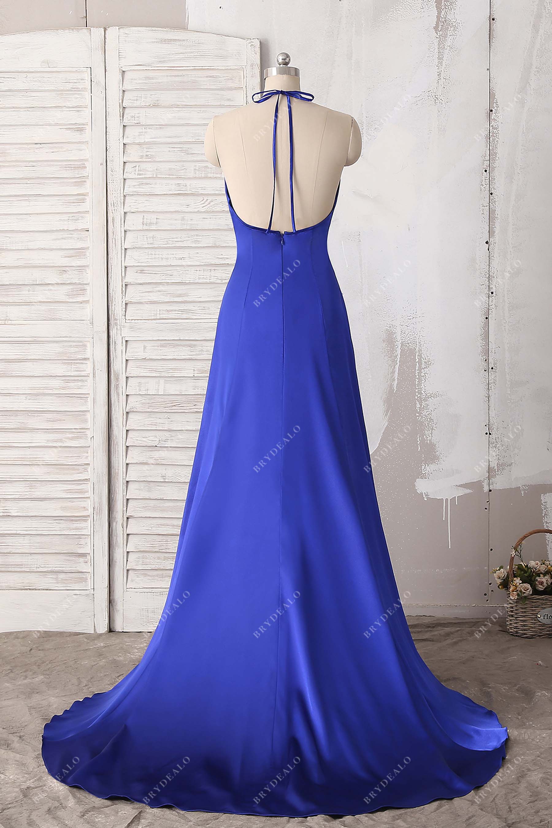 halter open back sweep train formal dress