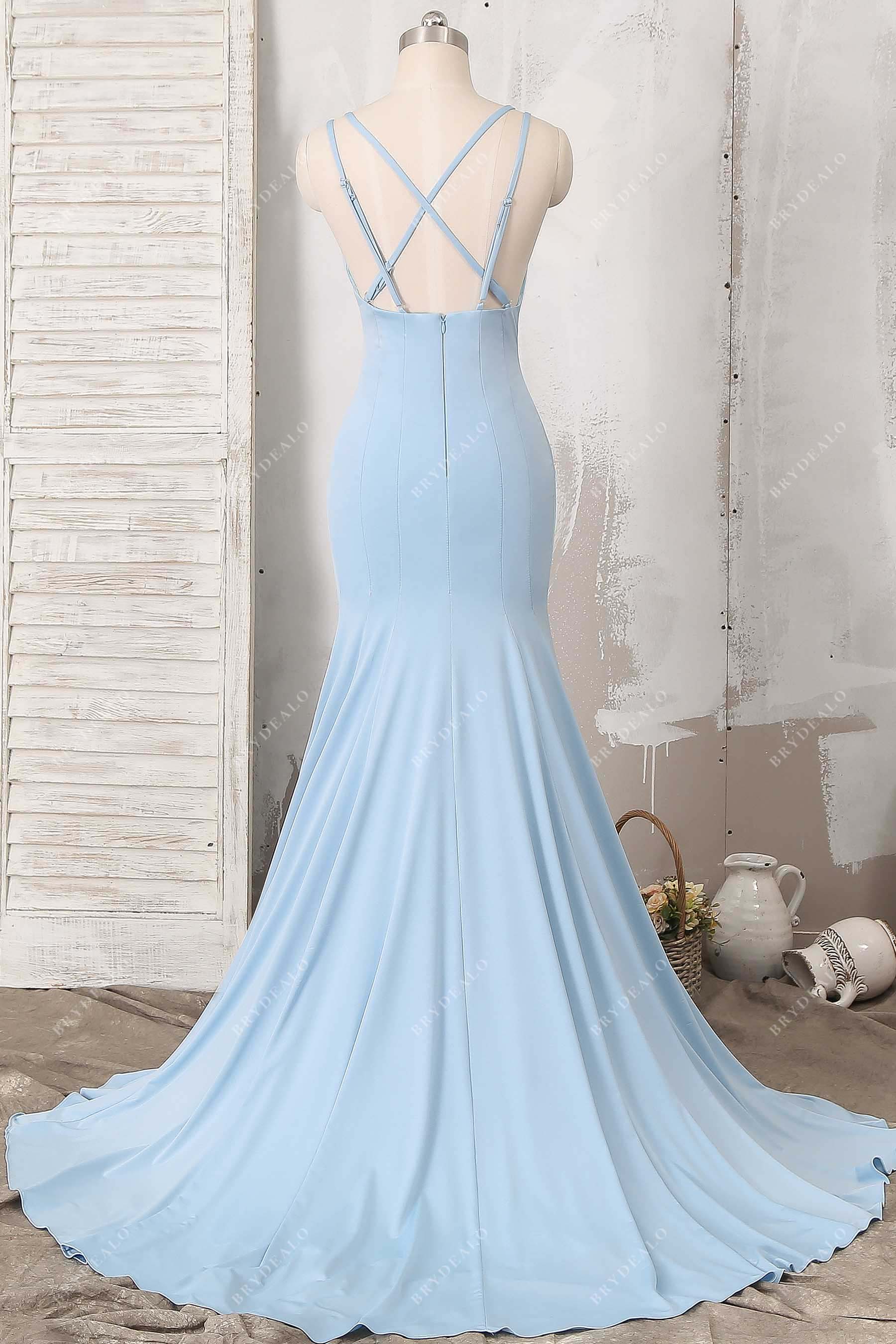 crisscross back blue jersey prom dress
