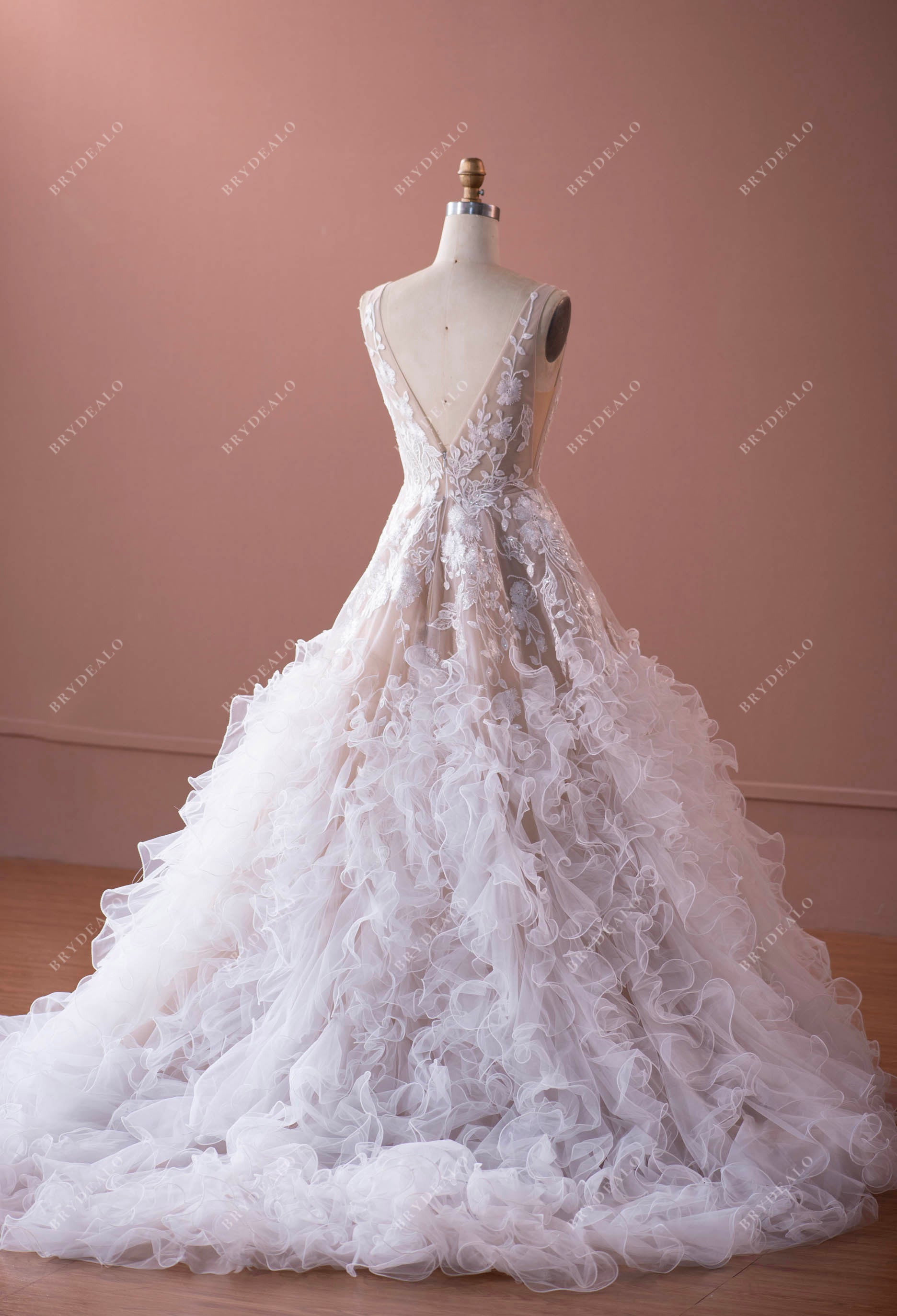 open v-back lace long train wedding dress