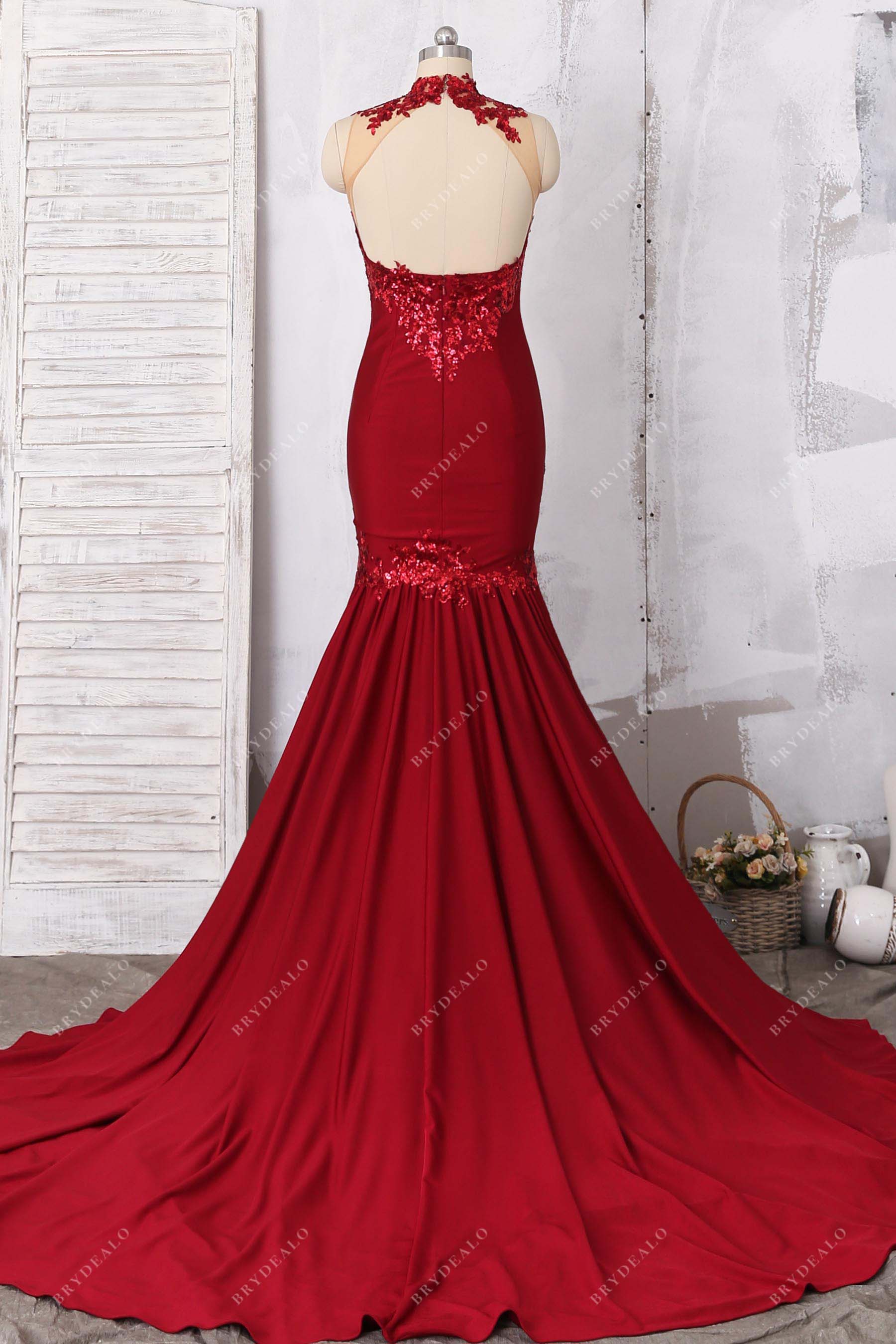 open back jersey long train formal dress