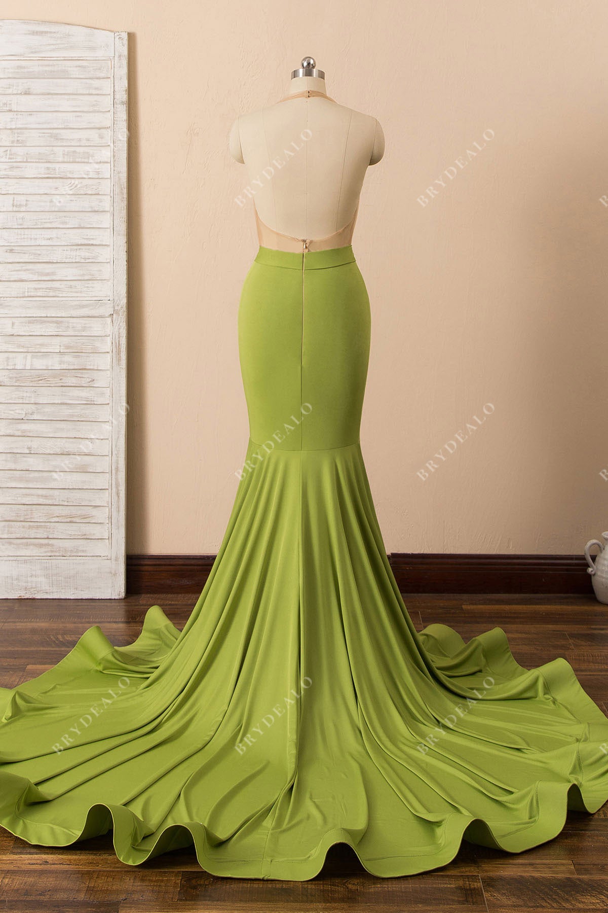 open back green long train prom dress