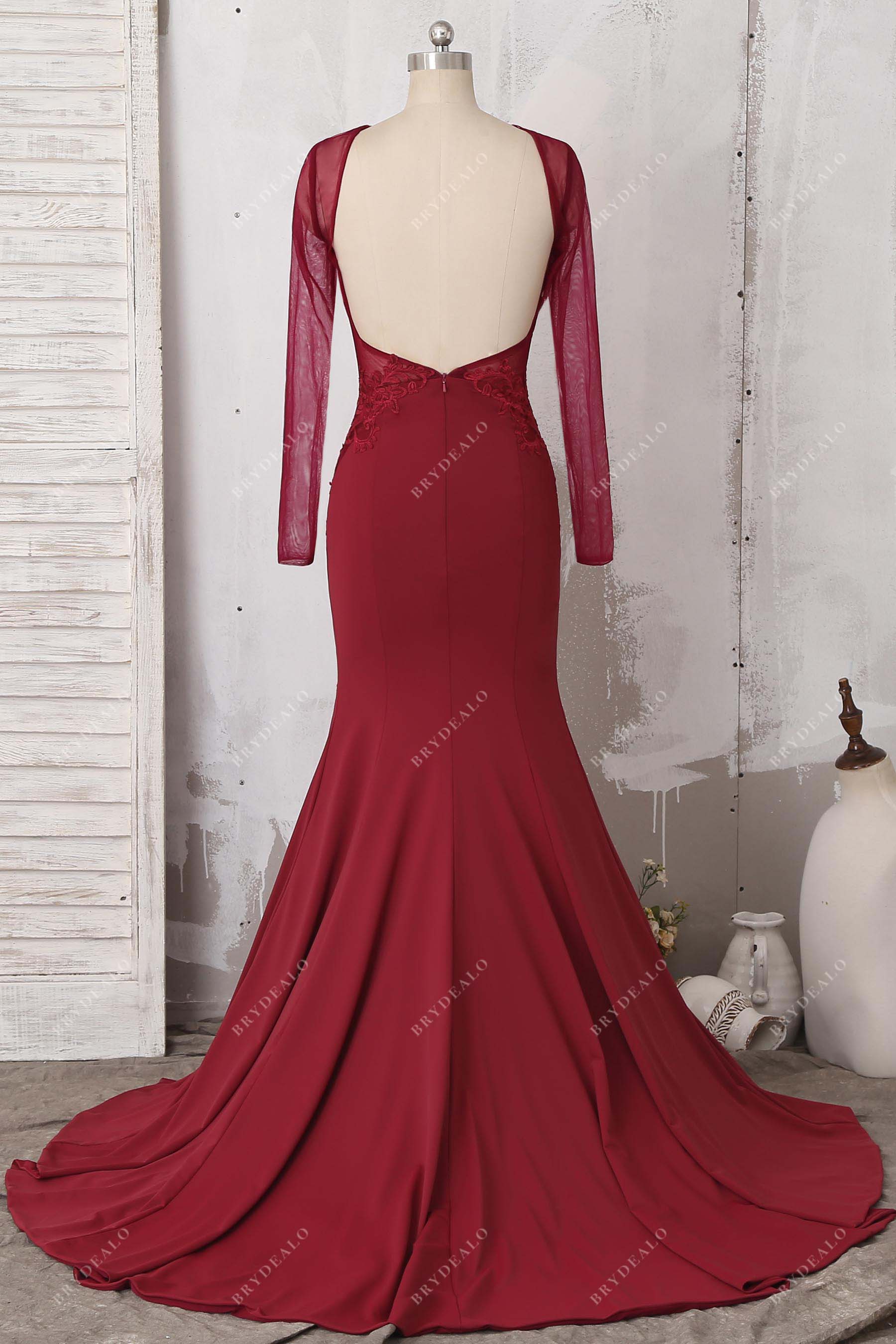 open back long sleeve mermaid formal gown