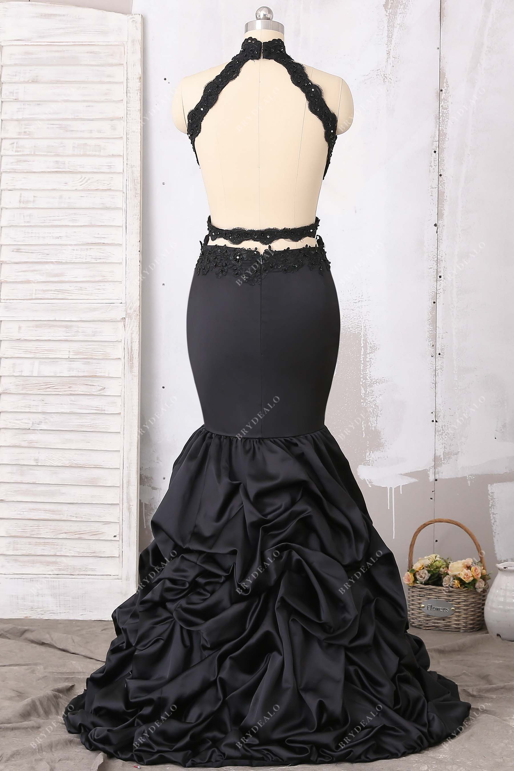 open back lace strap pleated trumpet prom dress