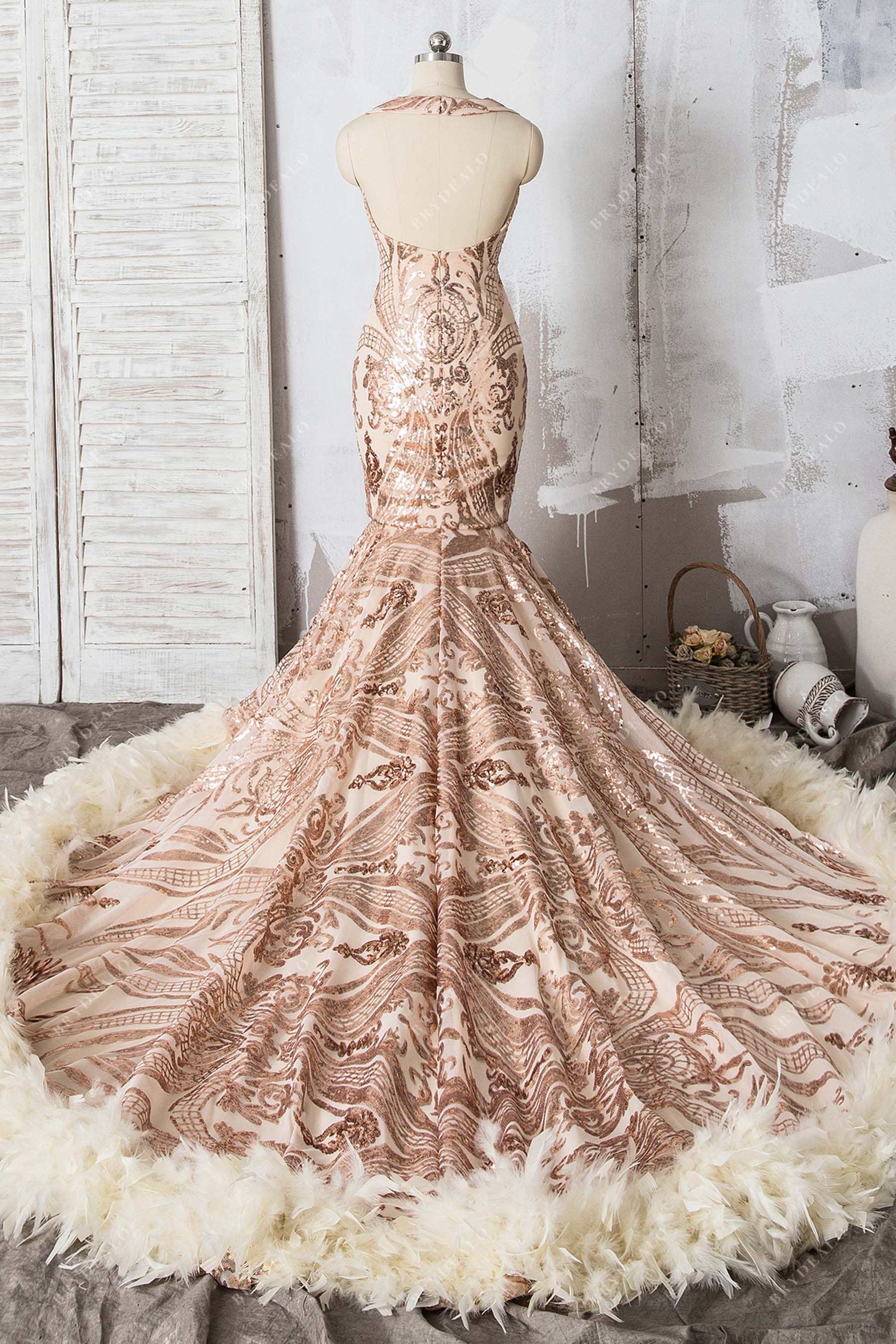 open back long train feather trumpet prom dress