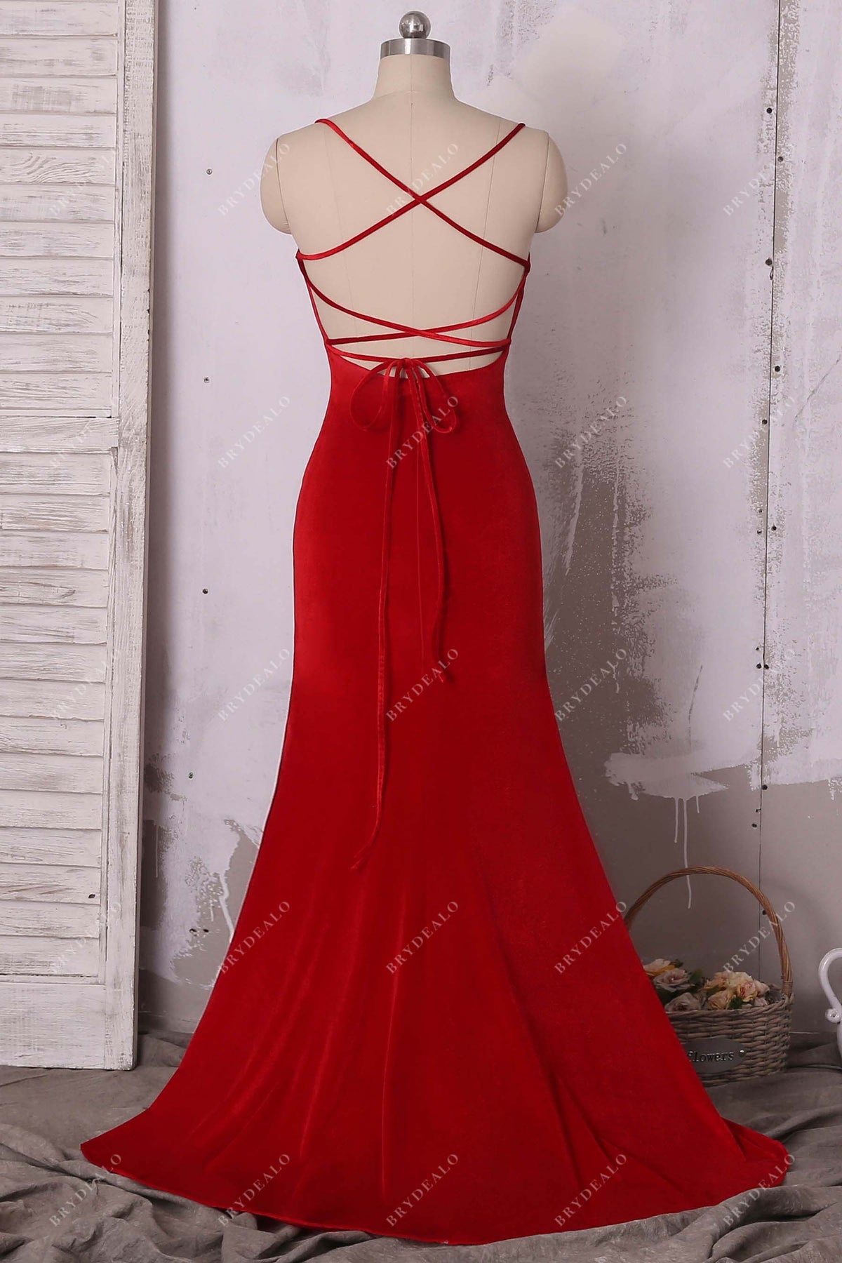 Elegant Red Criss-Cross Back Velvet Mermaid Prom Dress  Brydealo