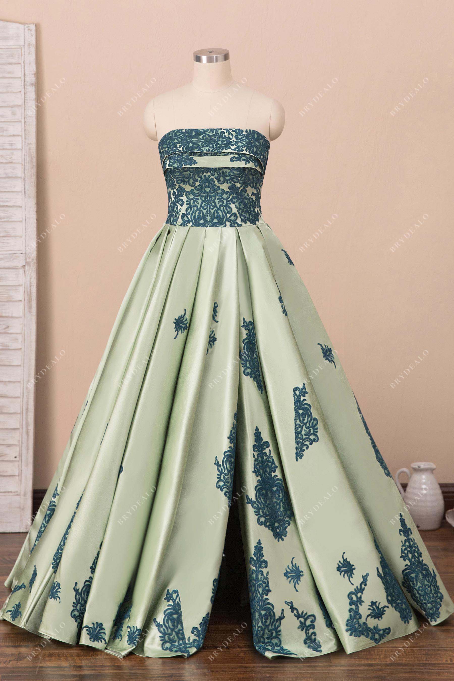strapless lace applique slit stain prom dress