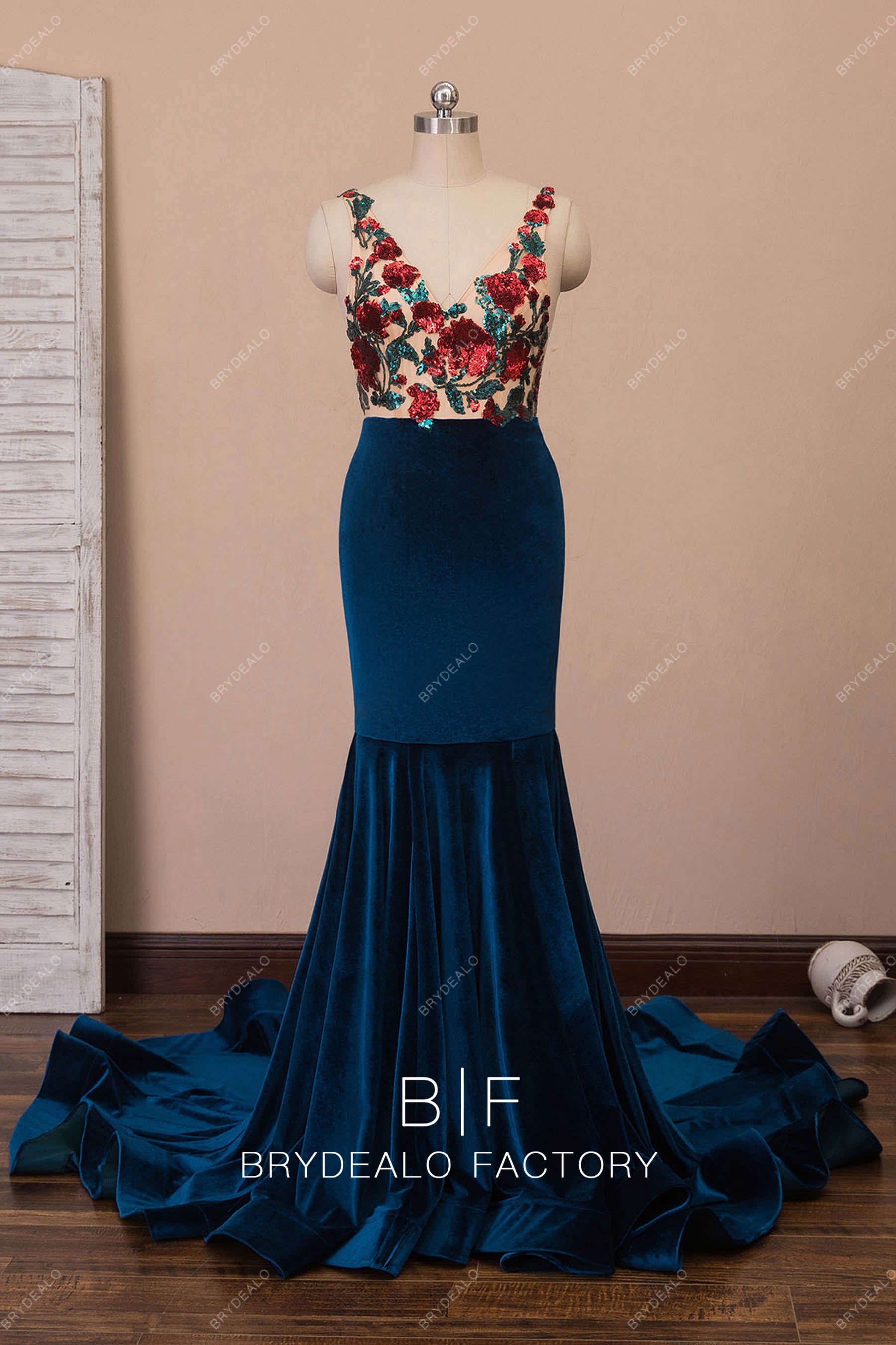 ink blue velvet mermaid prom dress