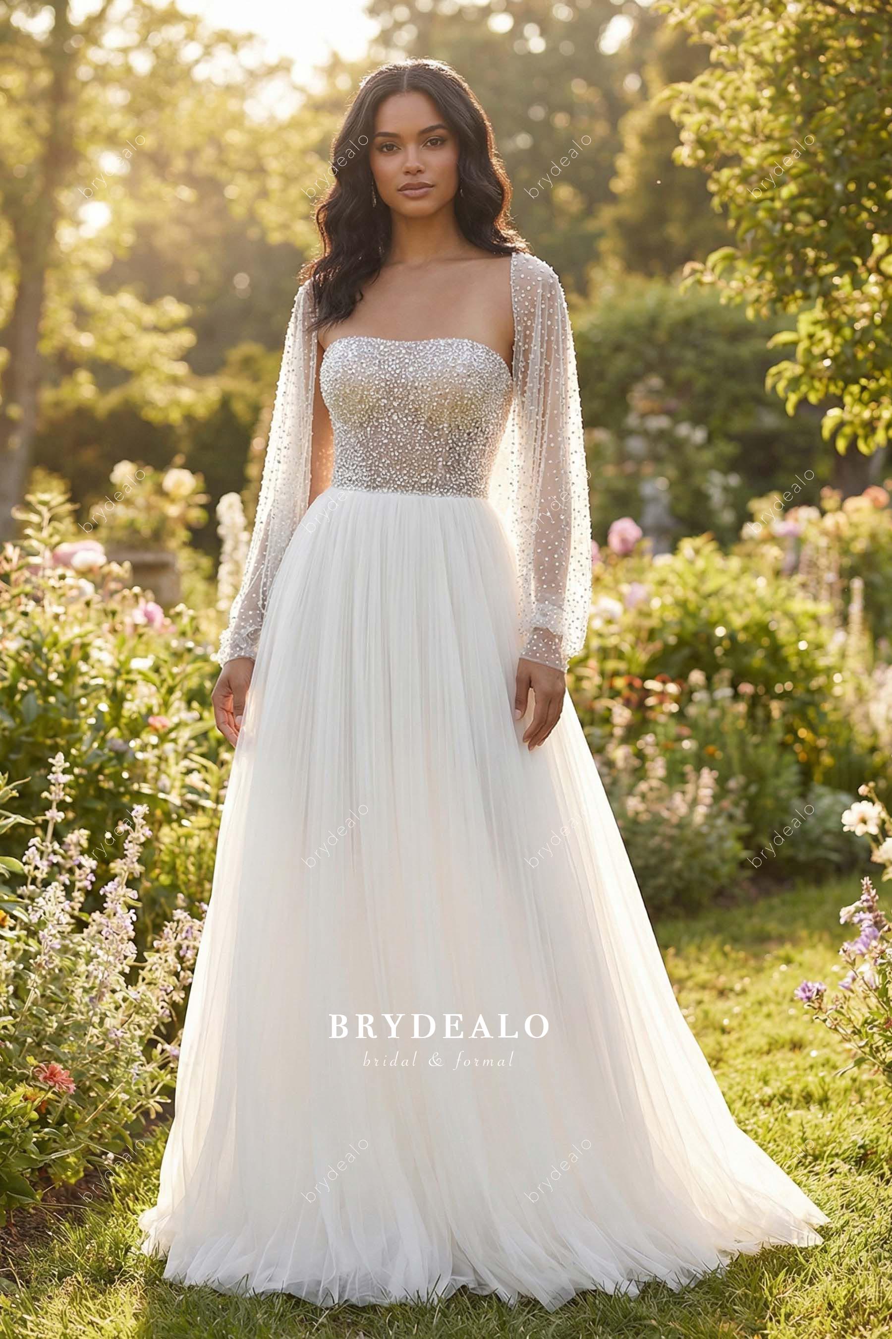 pearl cape Aline wedding dress