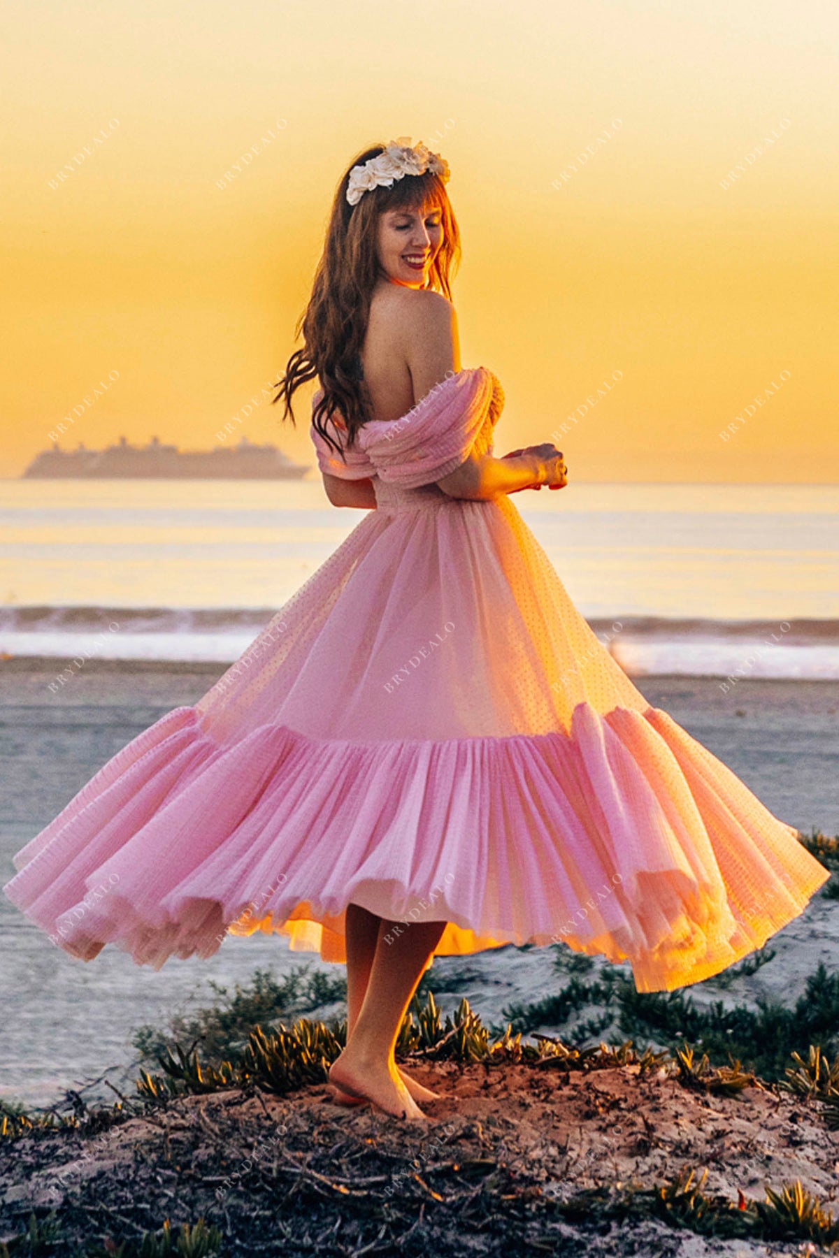 Pink Dot Tulle Off-Shoulder Fairy Bridesmaid Dress1
