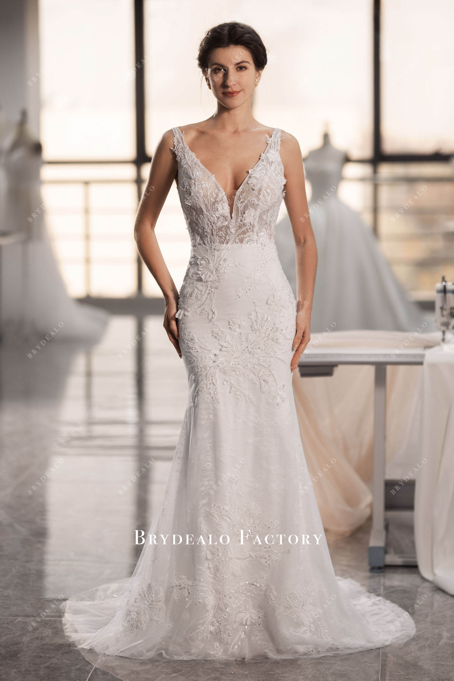 plunging neck sleeveless flower lace mermaid wedding dress
