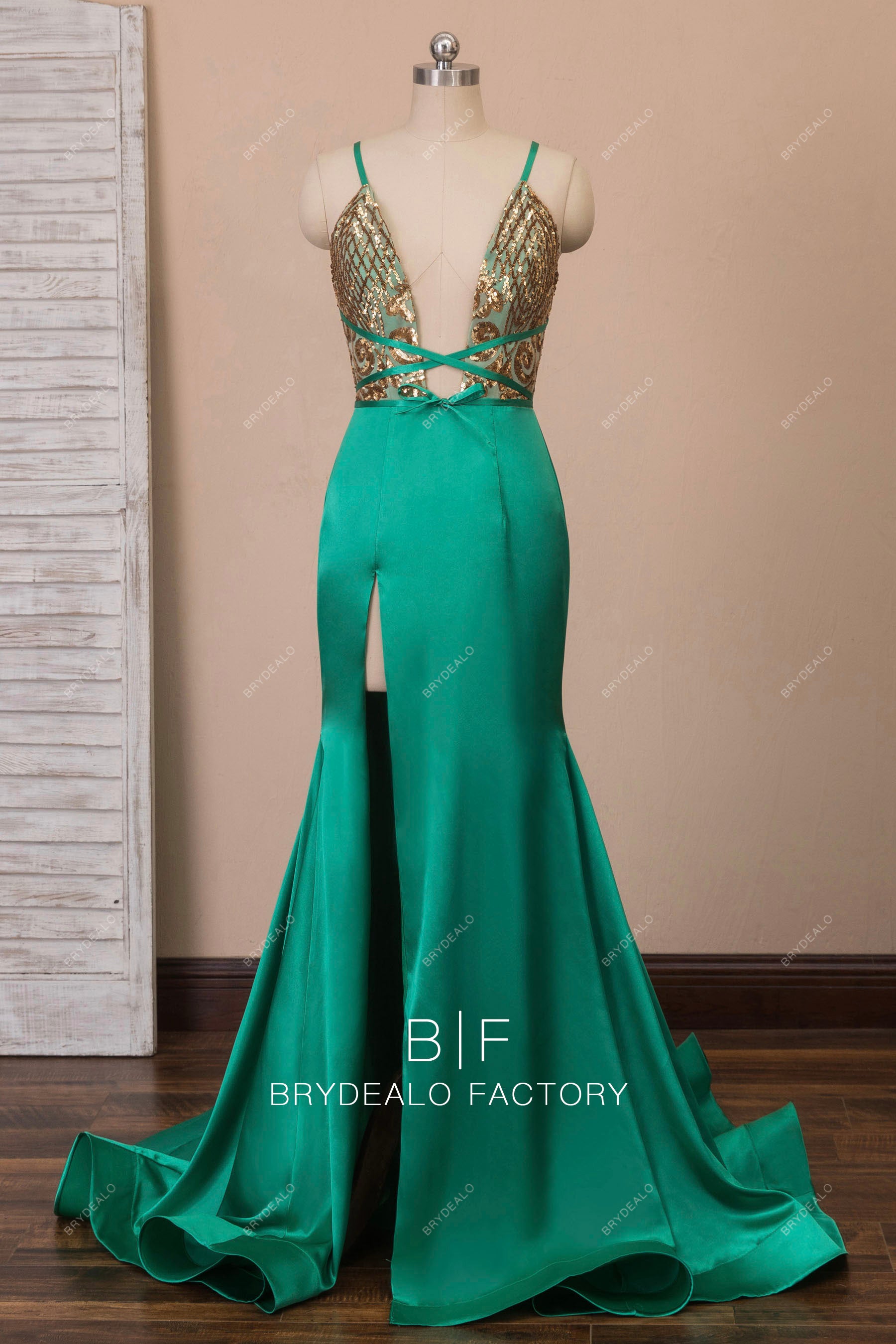 plunging neck green satin slit mermaid prom dress