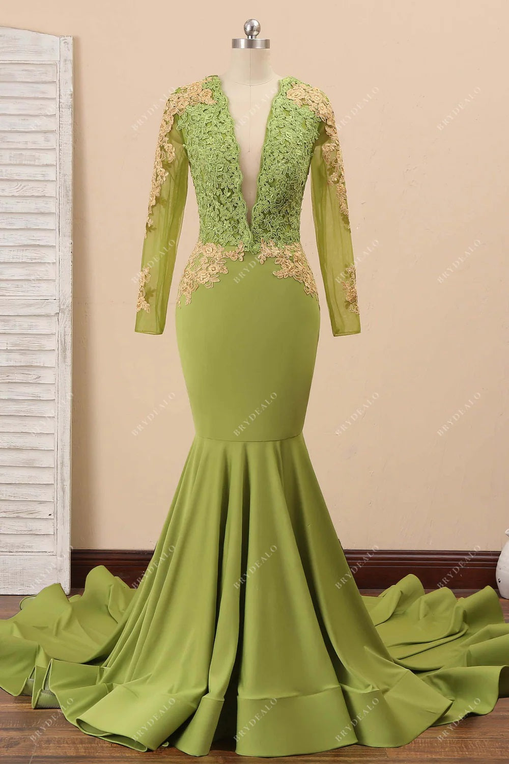 Moss Lace Plunging Neck Jersey Mermaid Prom Dress – Brydealo
