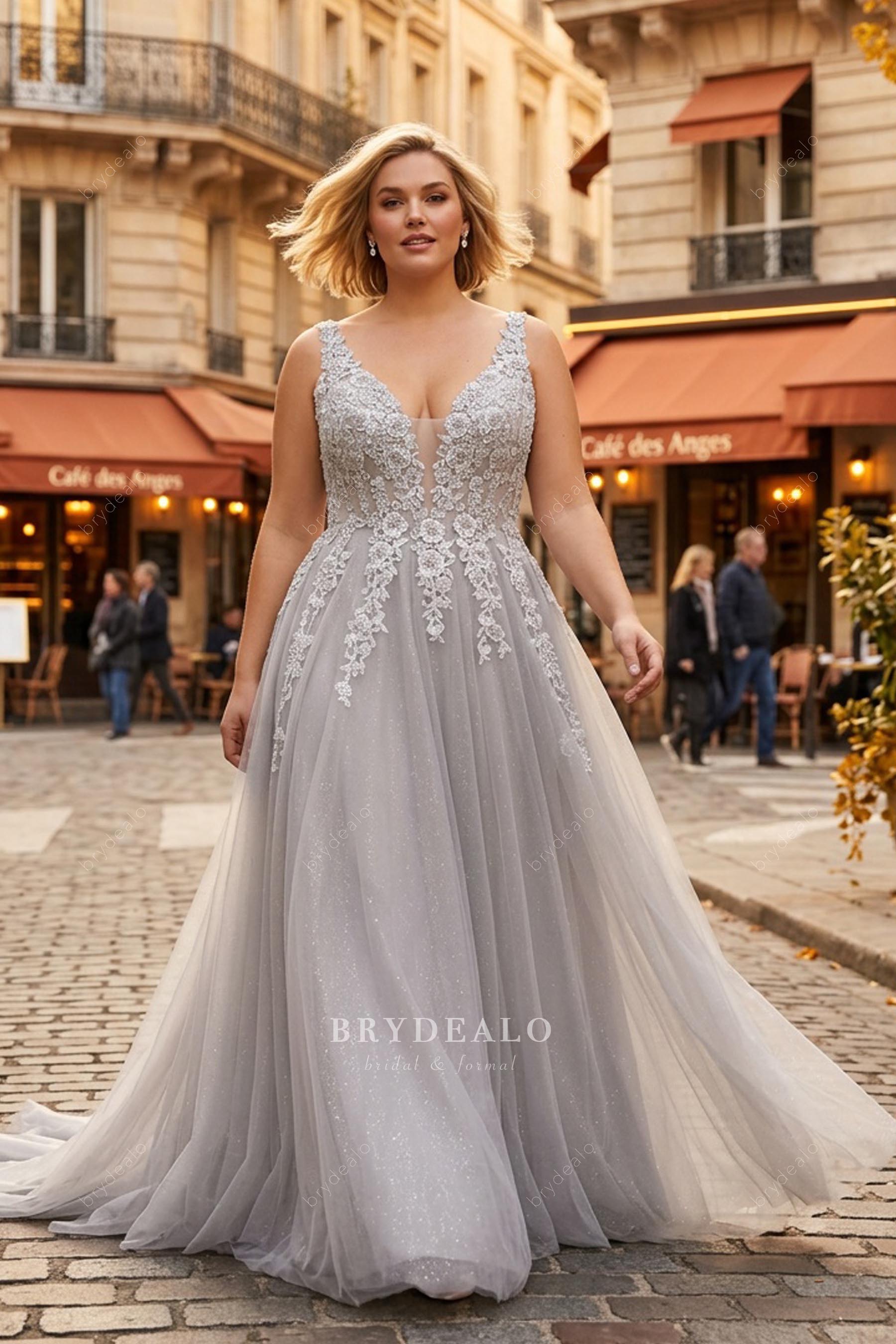 plus size grey v-back a-line prom dress