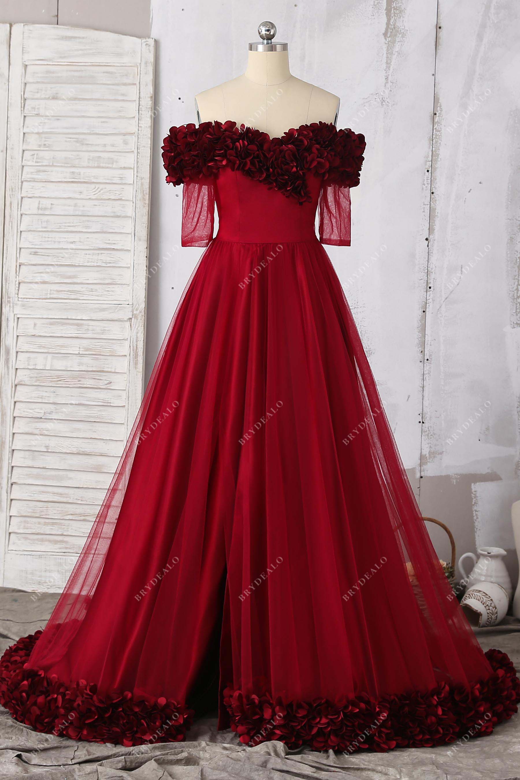 off shoulder sheer sleeves tulle slit prom dress