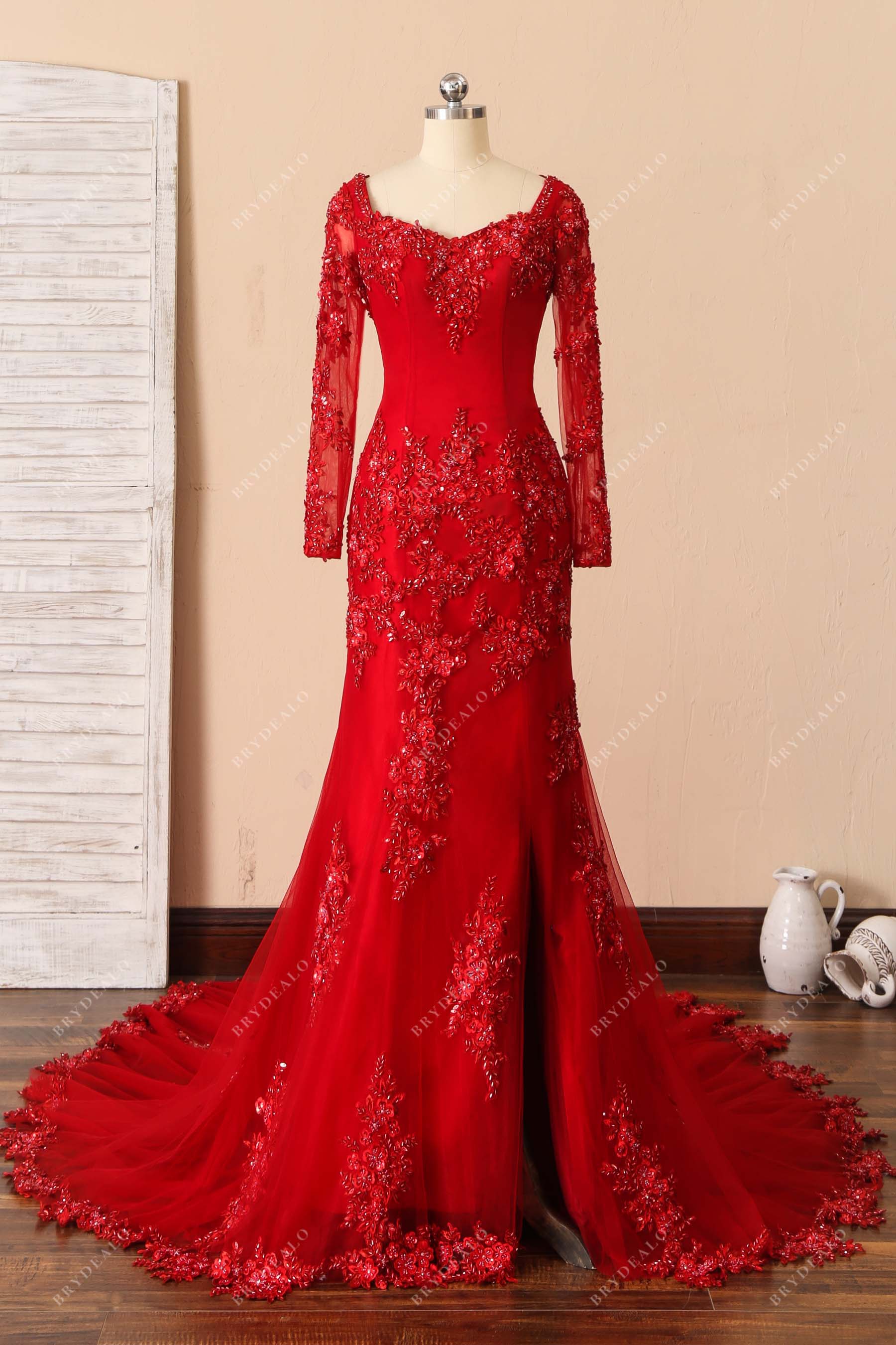 queen anne neck slit mermaid prom dress
