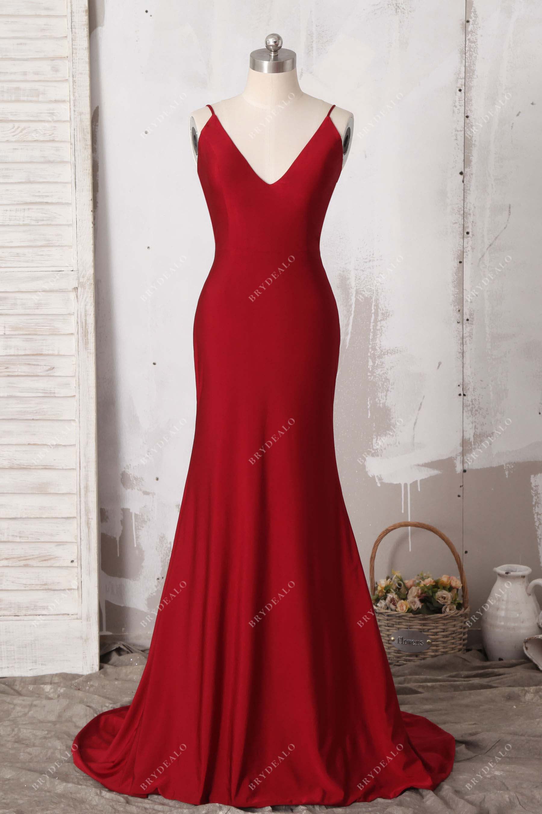 red jersey v-neck mermaid prom dress