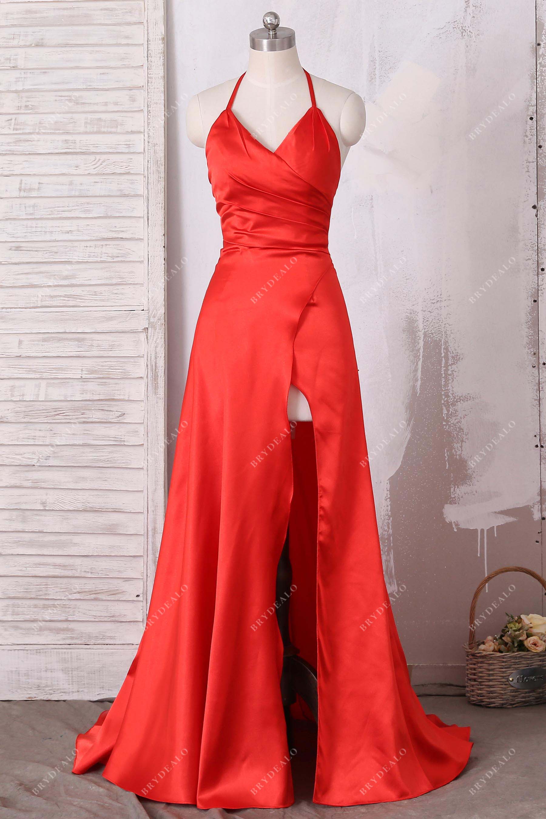 halter high slit A-line prom dress