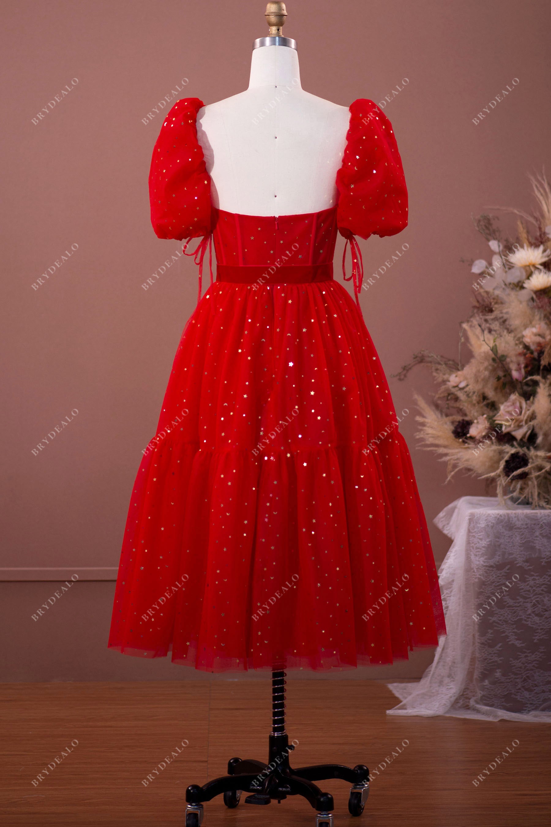 open back puff sleeve formal dress