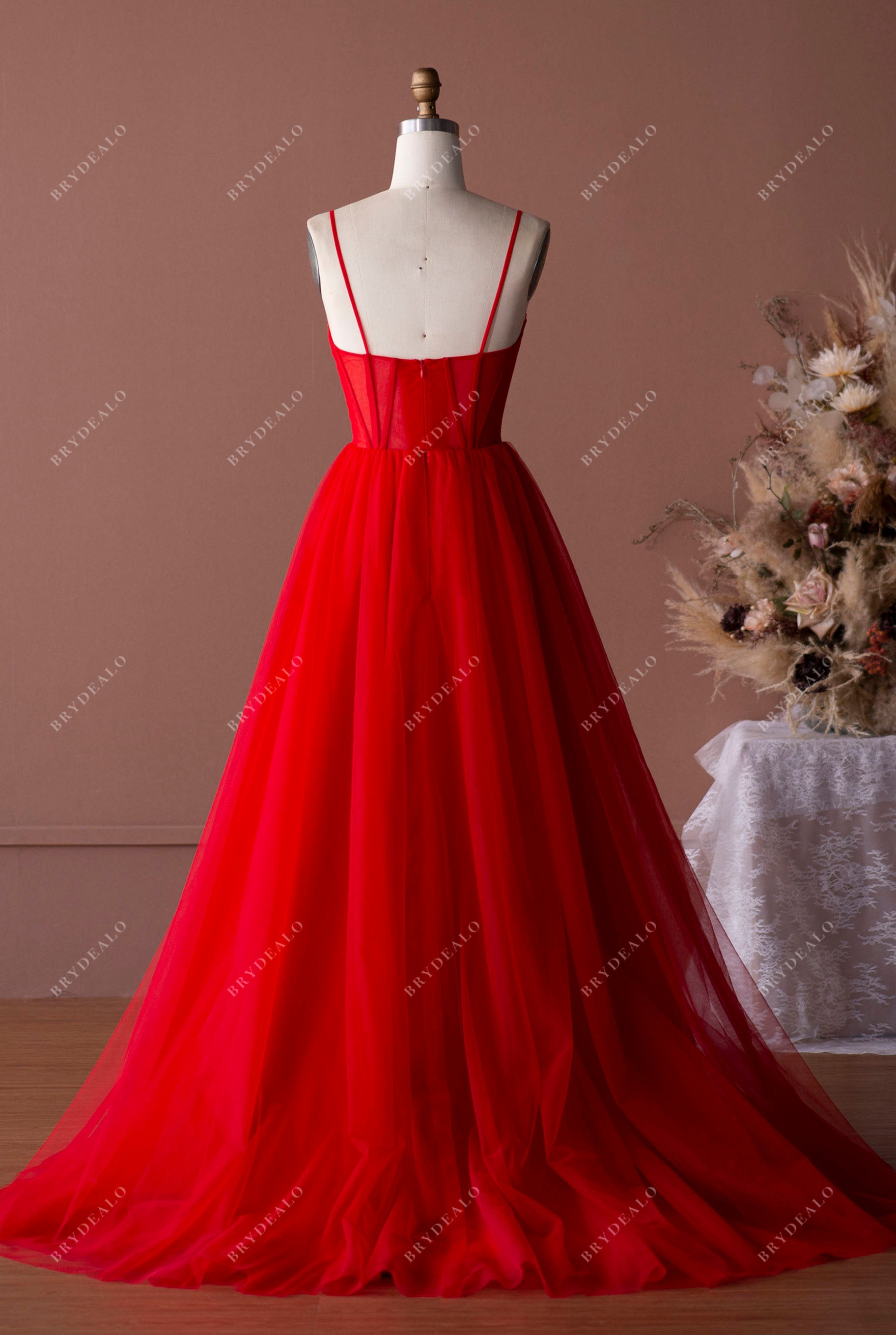 thin straps open back formal dress