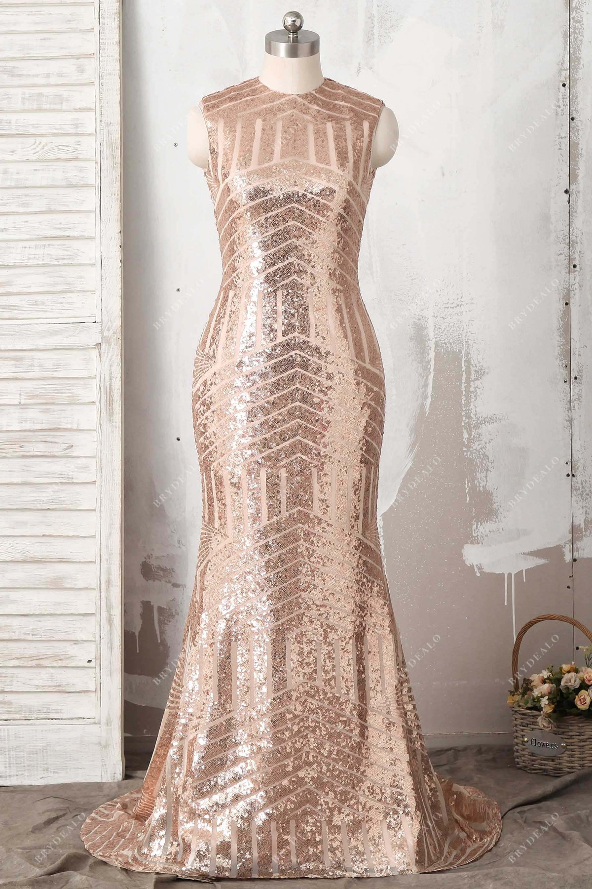 Sparkly Striped Rose Gold Sequin Mermaid Prom Dress  Brydealo