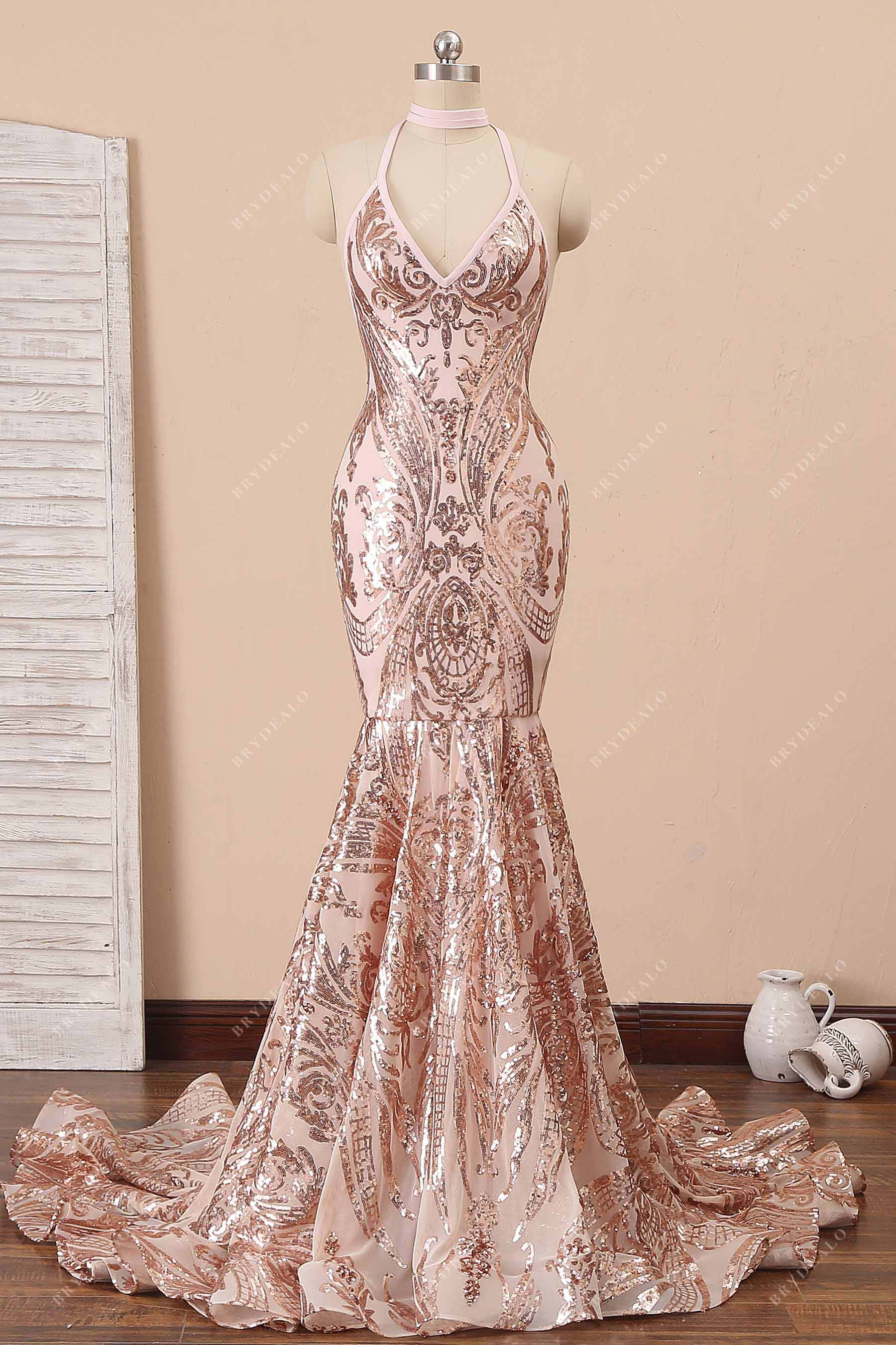 rose gold sequin v-neck trumpet prom dress