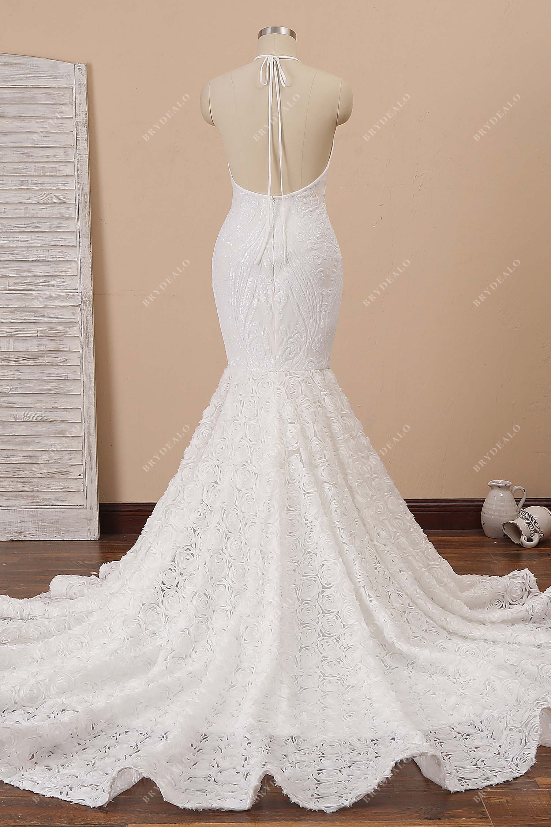 open back halter neck white trumpet formal gown