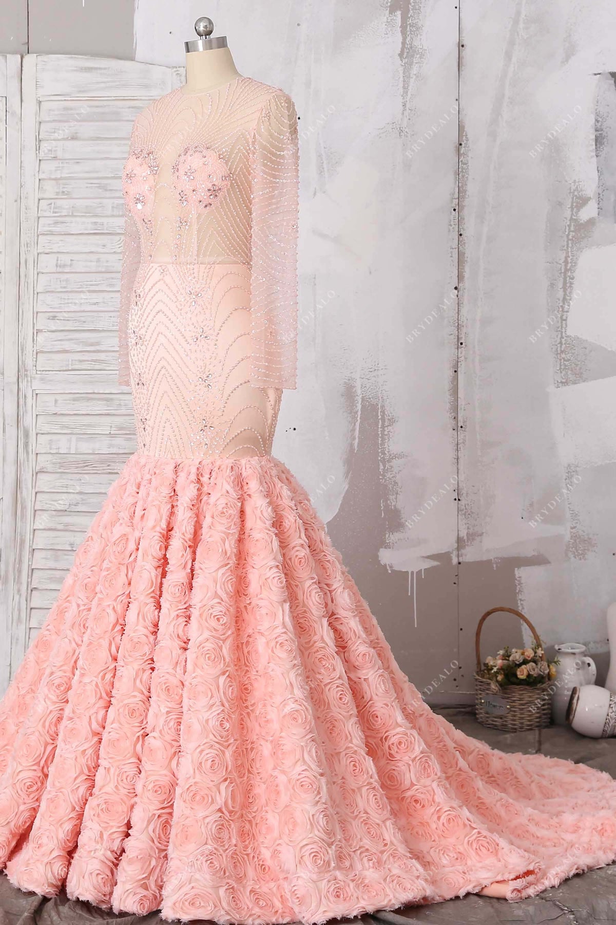 Peach Luxury Beading Dramatic 3D Roses Trumpet Dress